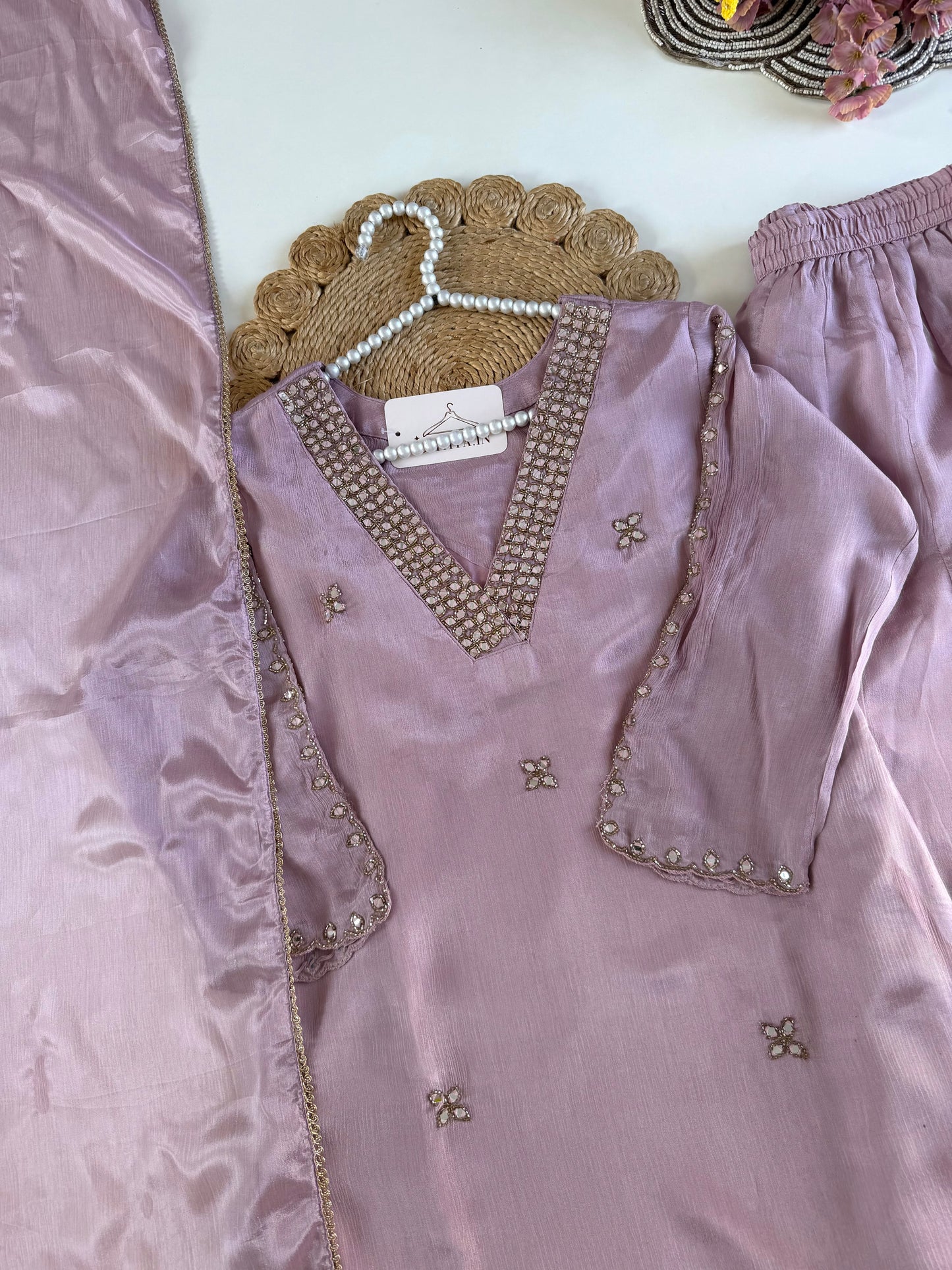 K376 - Pure Chinnon mirror handwork short Kurti with divider pants and dupatta