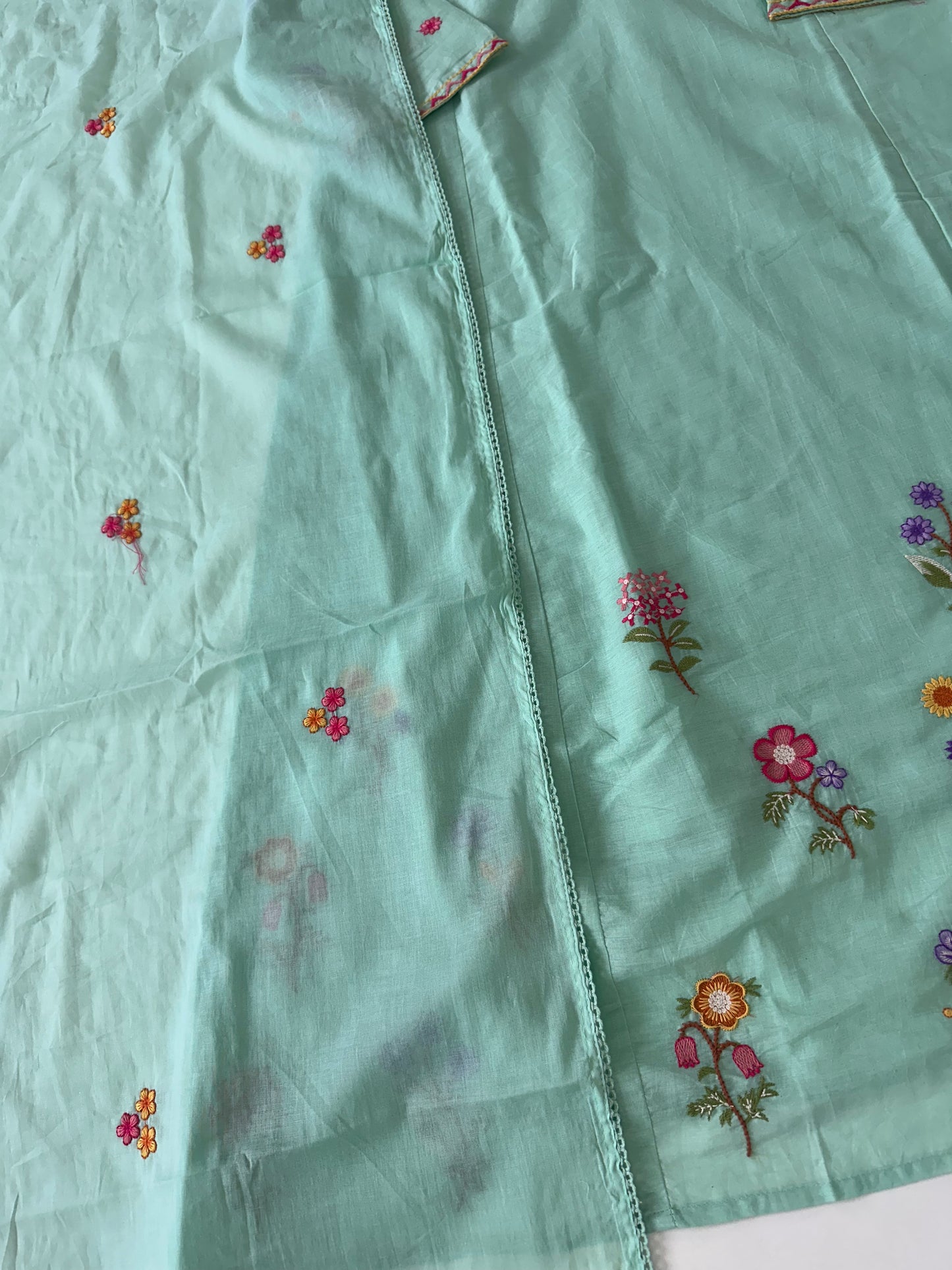 K580 - Mul cotton embroidered Aline Kurti with pants and dupatta