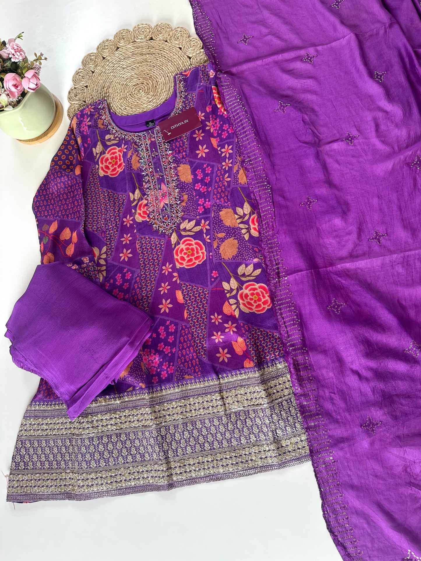 K285 - Russian silk floral peplum kurti with pants and dupatta .