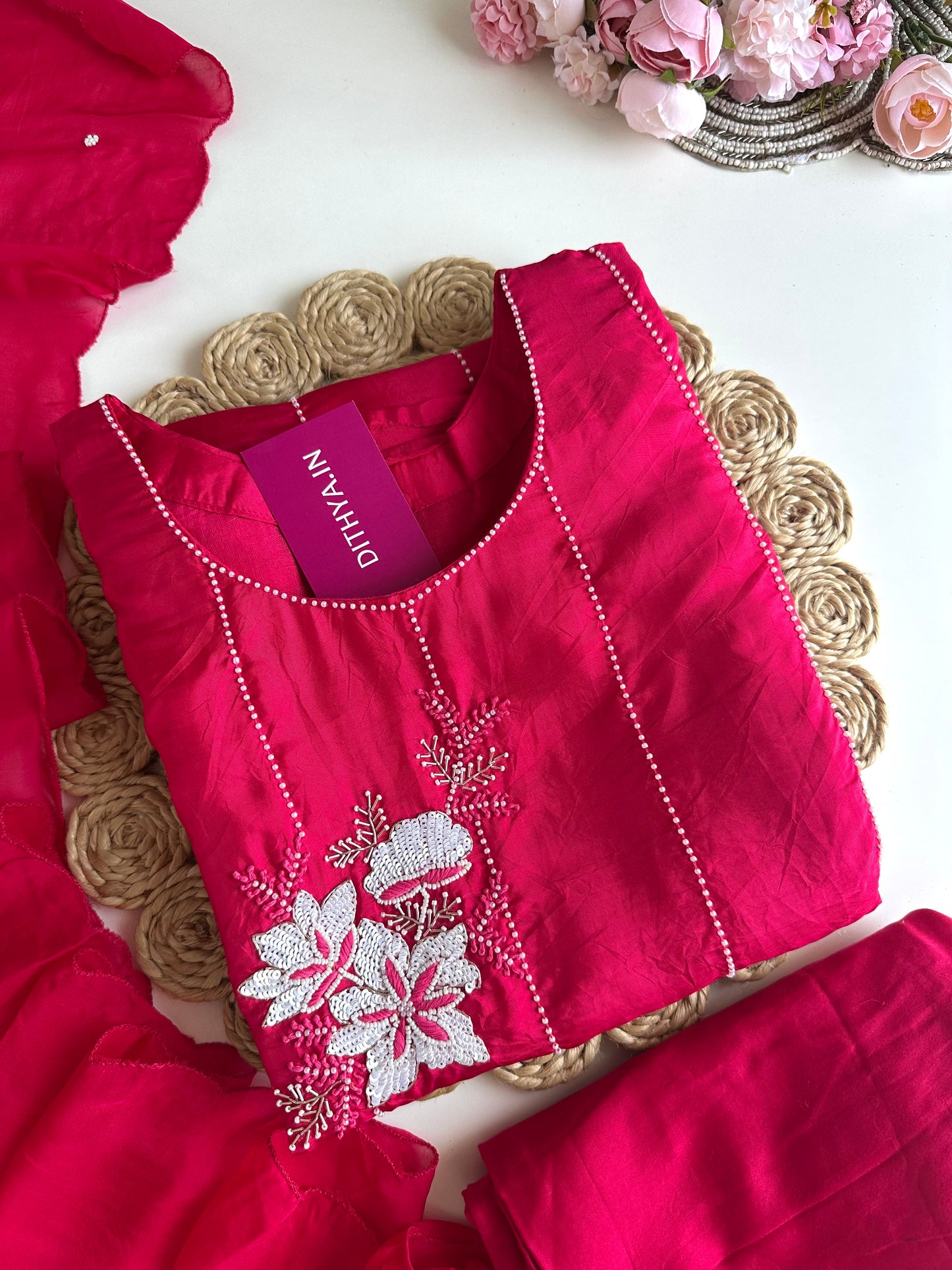 K253 - Pure crape pearl work straight Kurti with pants and dupatta