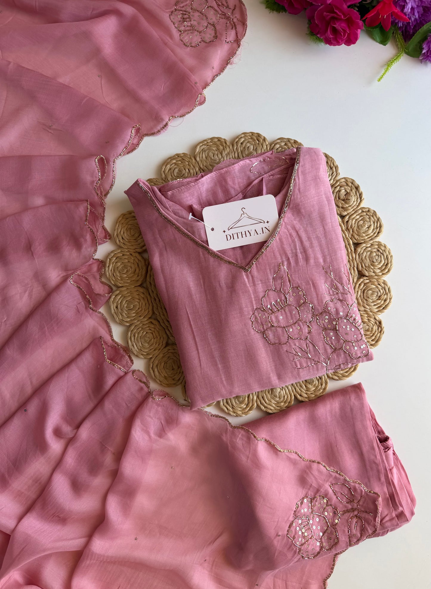 K103 - Mul chanderi handwork aline Kurti with pants and dupatta