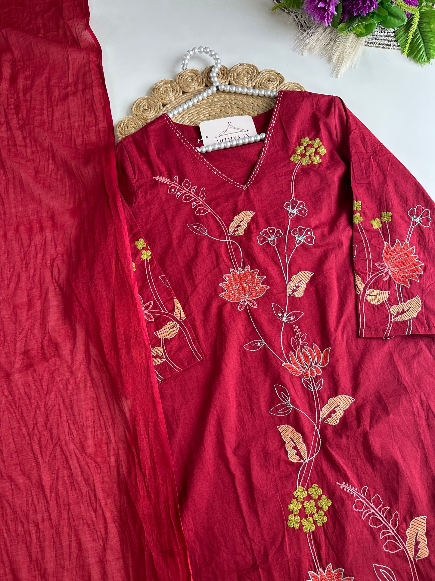 K592 - Cotton embroidered straight Kurti with pants and dupatta in 2 colours