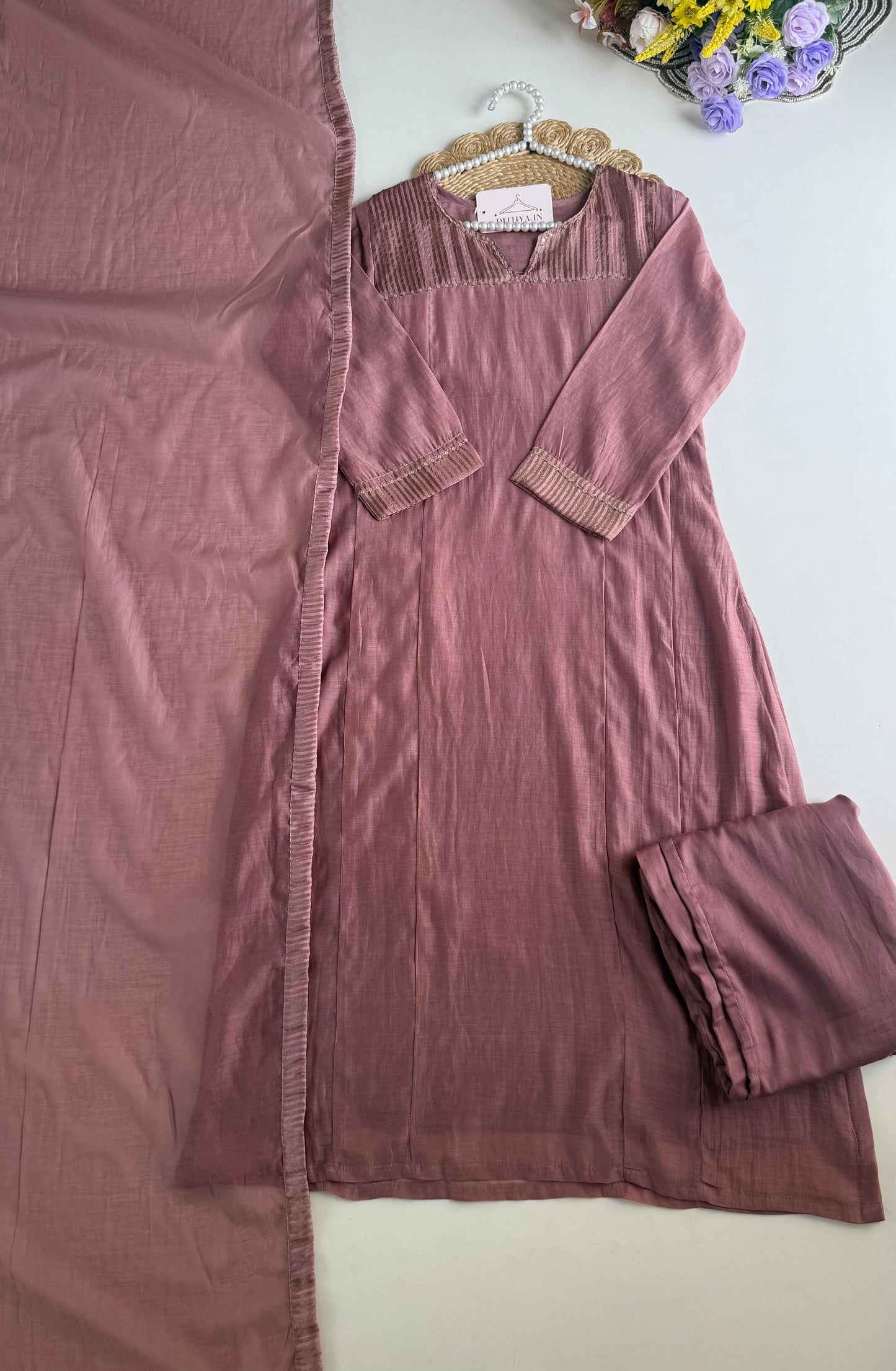 K166 - Mul chanderi zari Aline Kurti with pants and dupatta