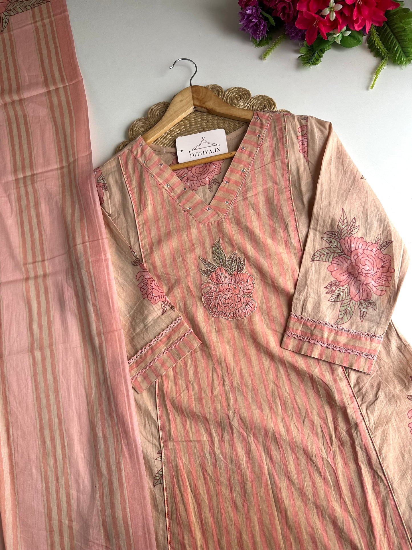 K629 - Mul cotton embroidered Aline Kurti with pants and dupatta