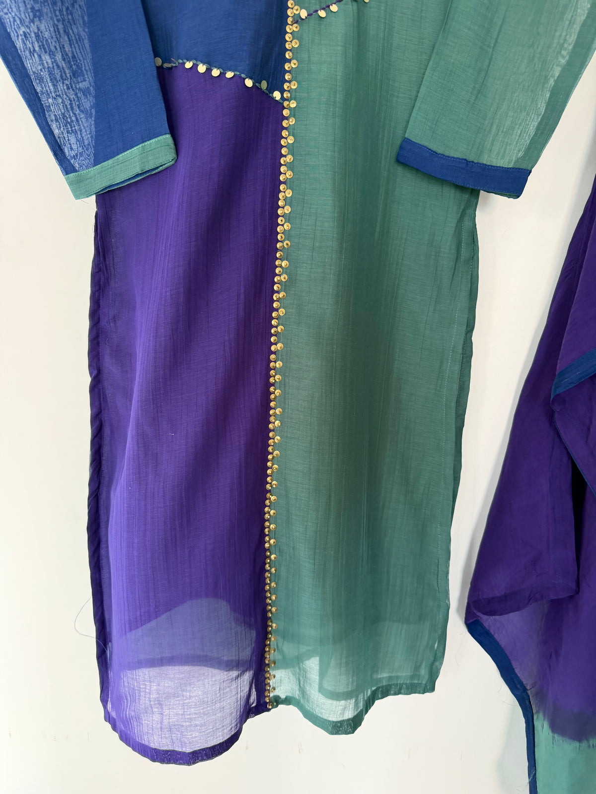 K377 - Mul chanderi button sequins work straight Kurti with pants and dupatta