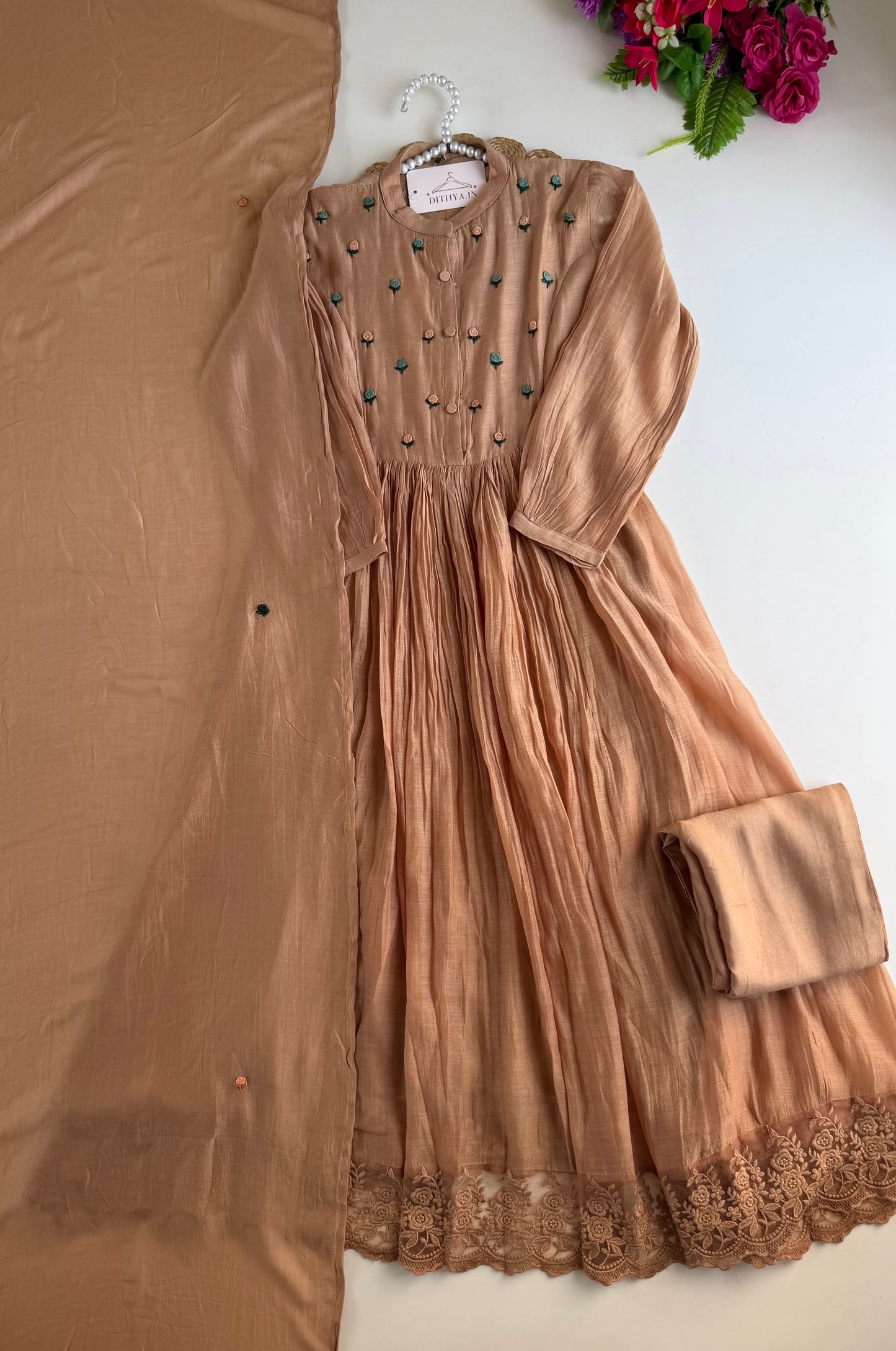 K189 - Mul chanderi embroidered Anarkali with pants and dupatta