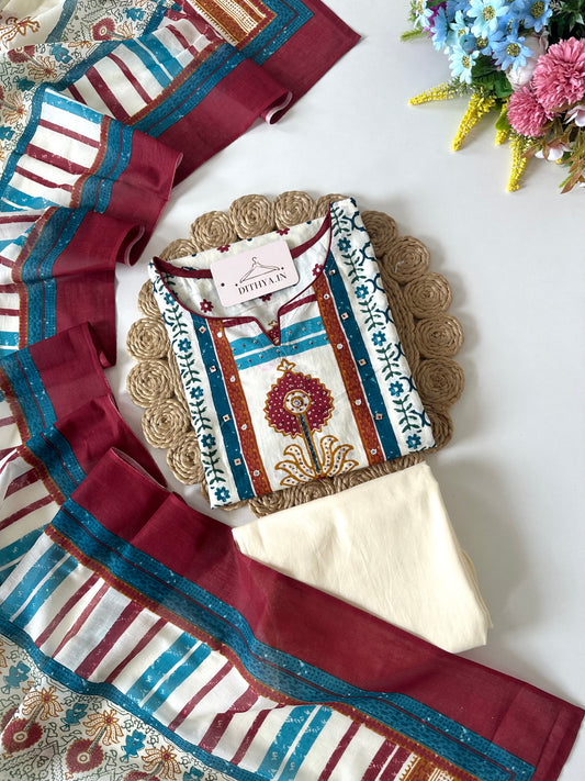 K687 - Mul cotton printed straight Kurti with pants and dupatta