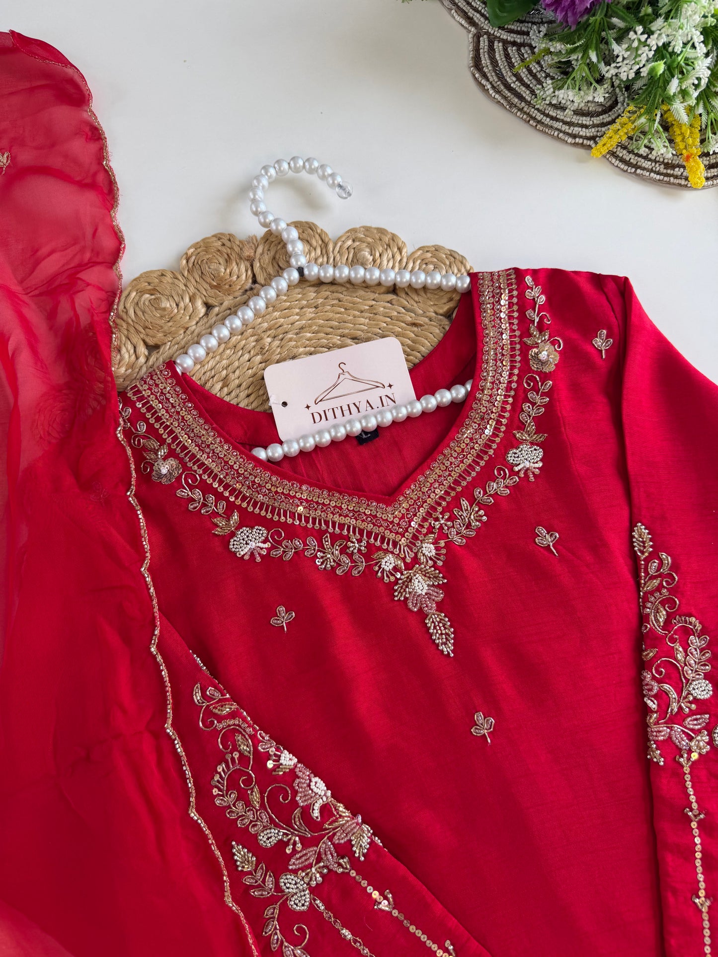 K552 - Russian silk handwork straight Kurti with pants and dupatta