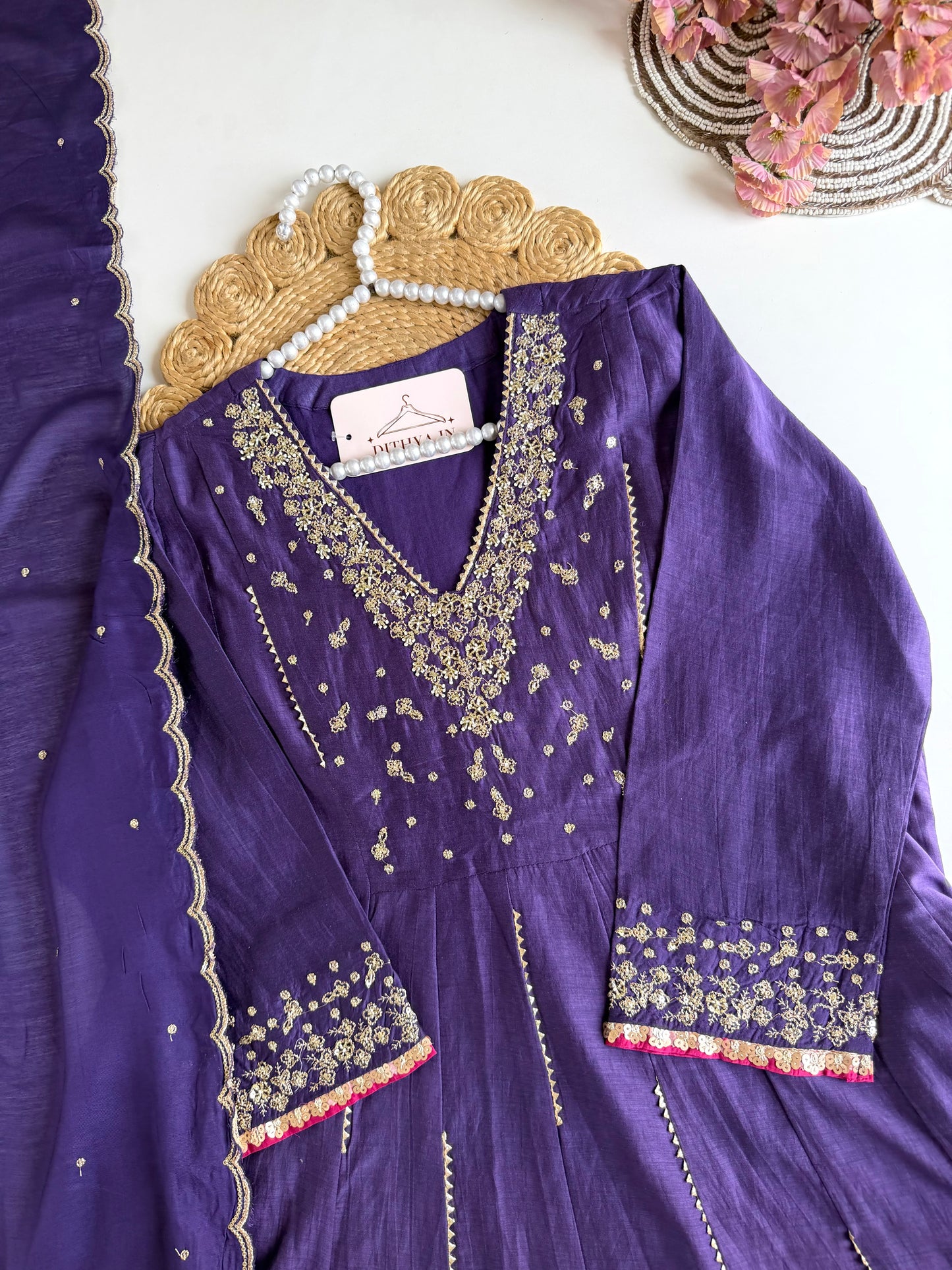 K283 - Mul chanderi embroidered Anarkali with pants and dupatta