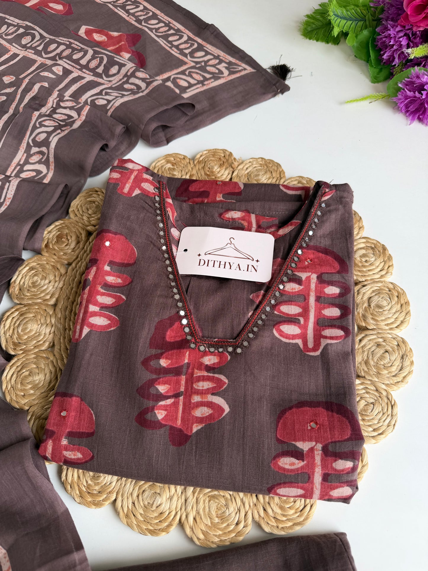 K054 - Mul cotton printed Aline Kurti with pants and dupatta