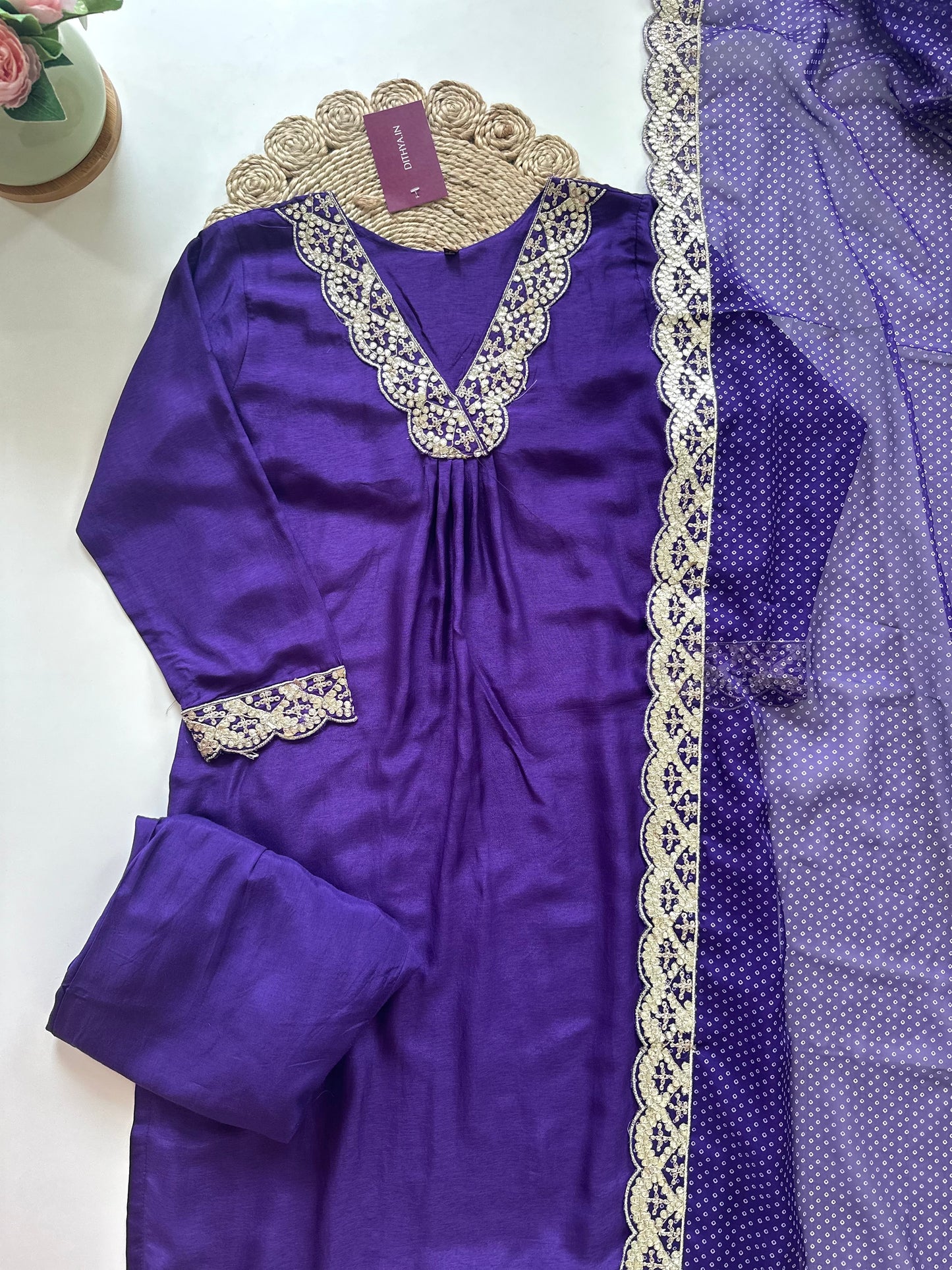 K290 - Russian silk Gota work Aline Kurti with pants and dupatta .