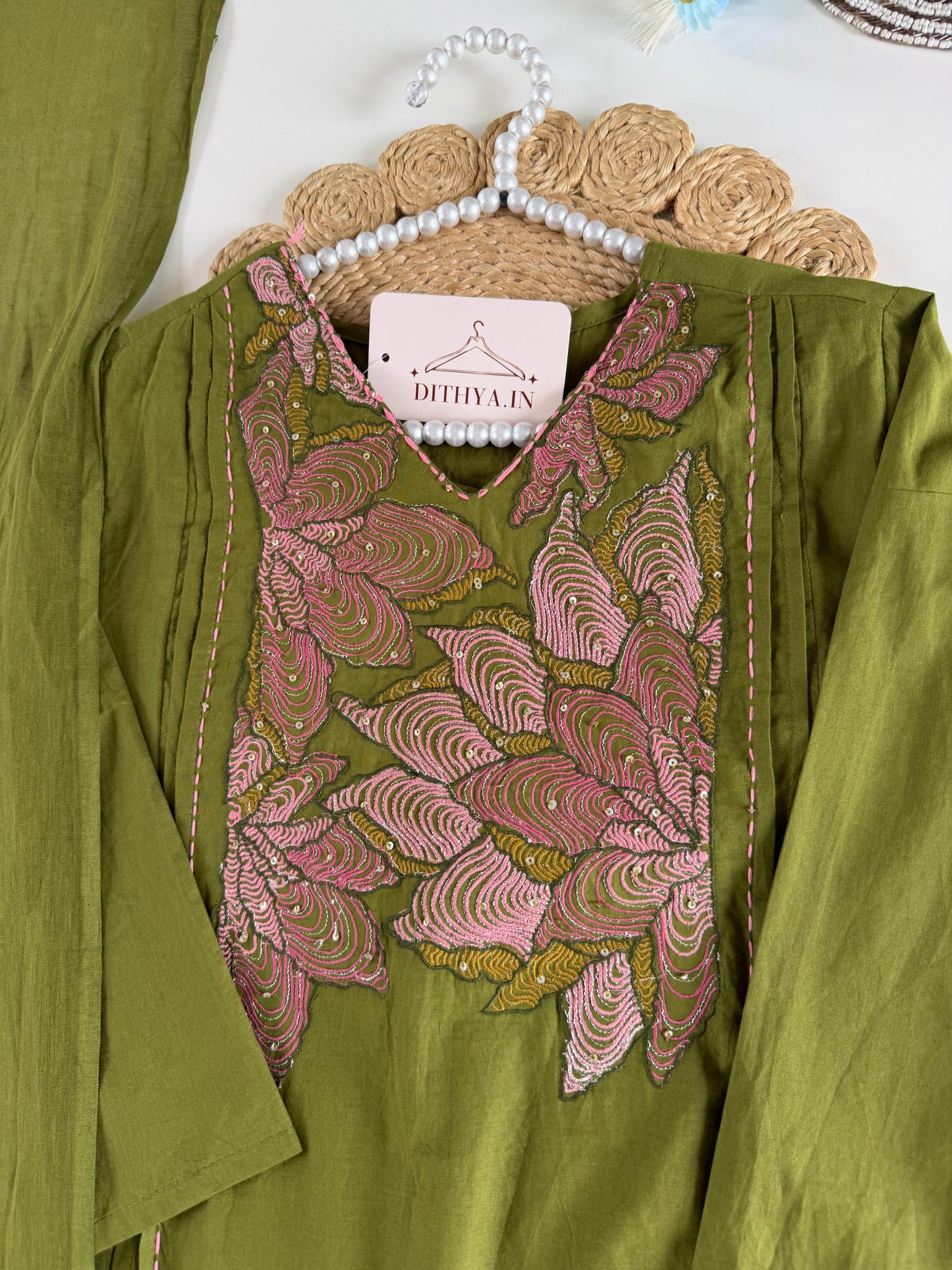 K497 - Cotton embroidered straight Kurti with pants and dupatta