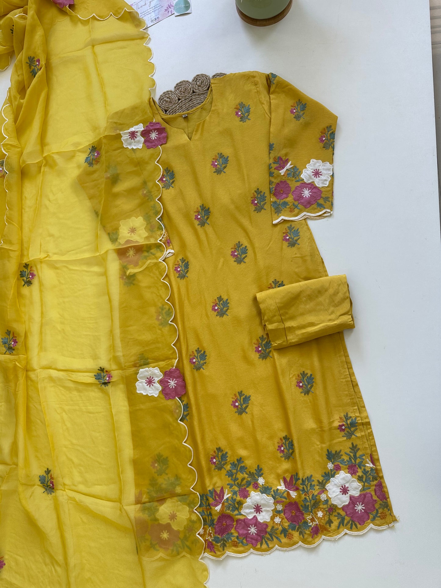 K194 - Russian silk Embroidery work straight kurti with pants and viscose organza dupatta .