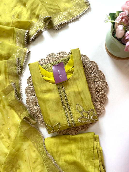 K139 - Viscose organza handwork straight kurti with pants and Banarasi organza dupatta .