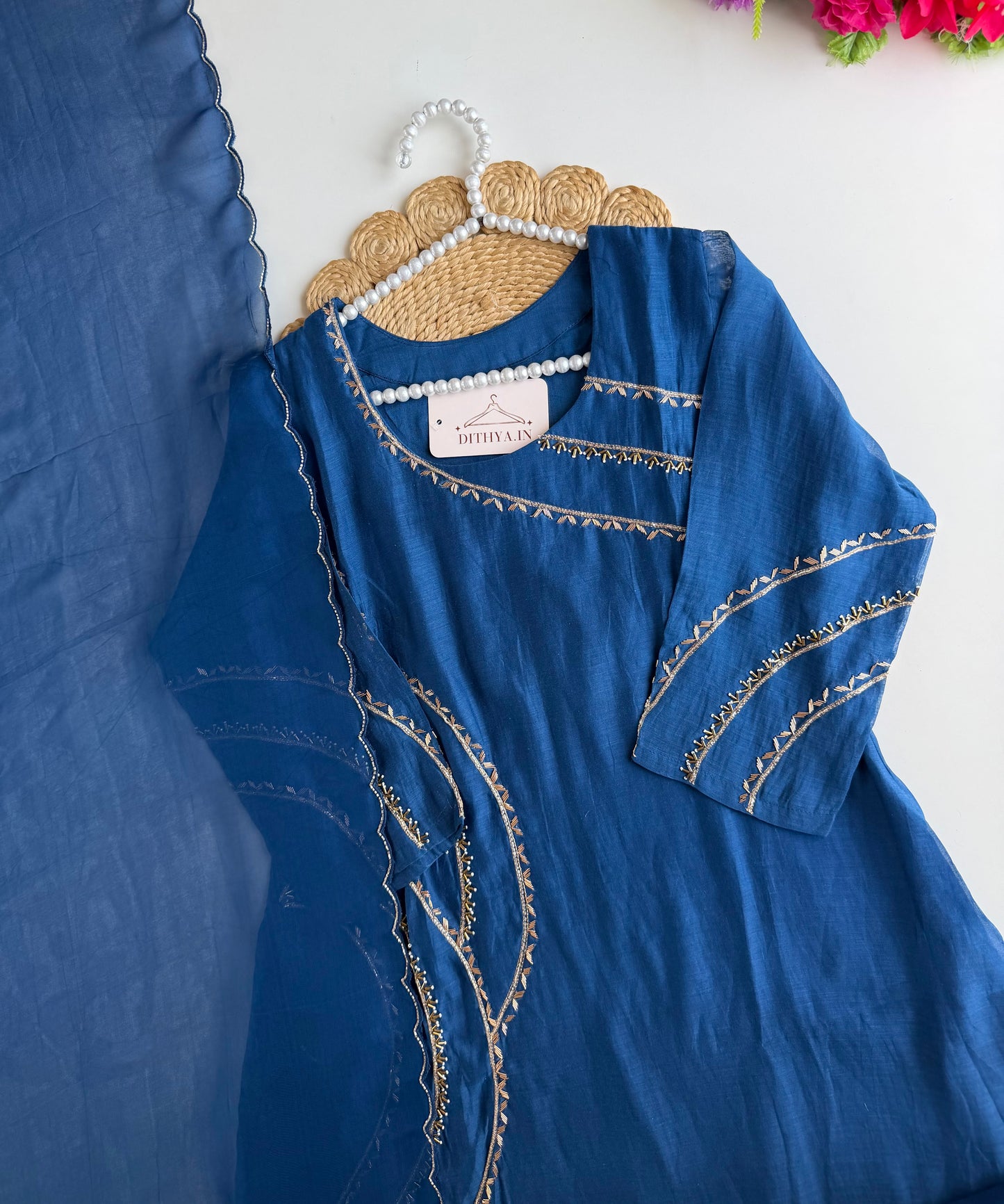 K063 - Mul chanderi cutdhana handwork Aline Kurti with pants and dupatta