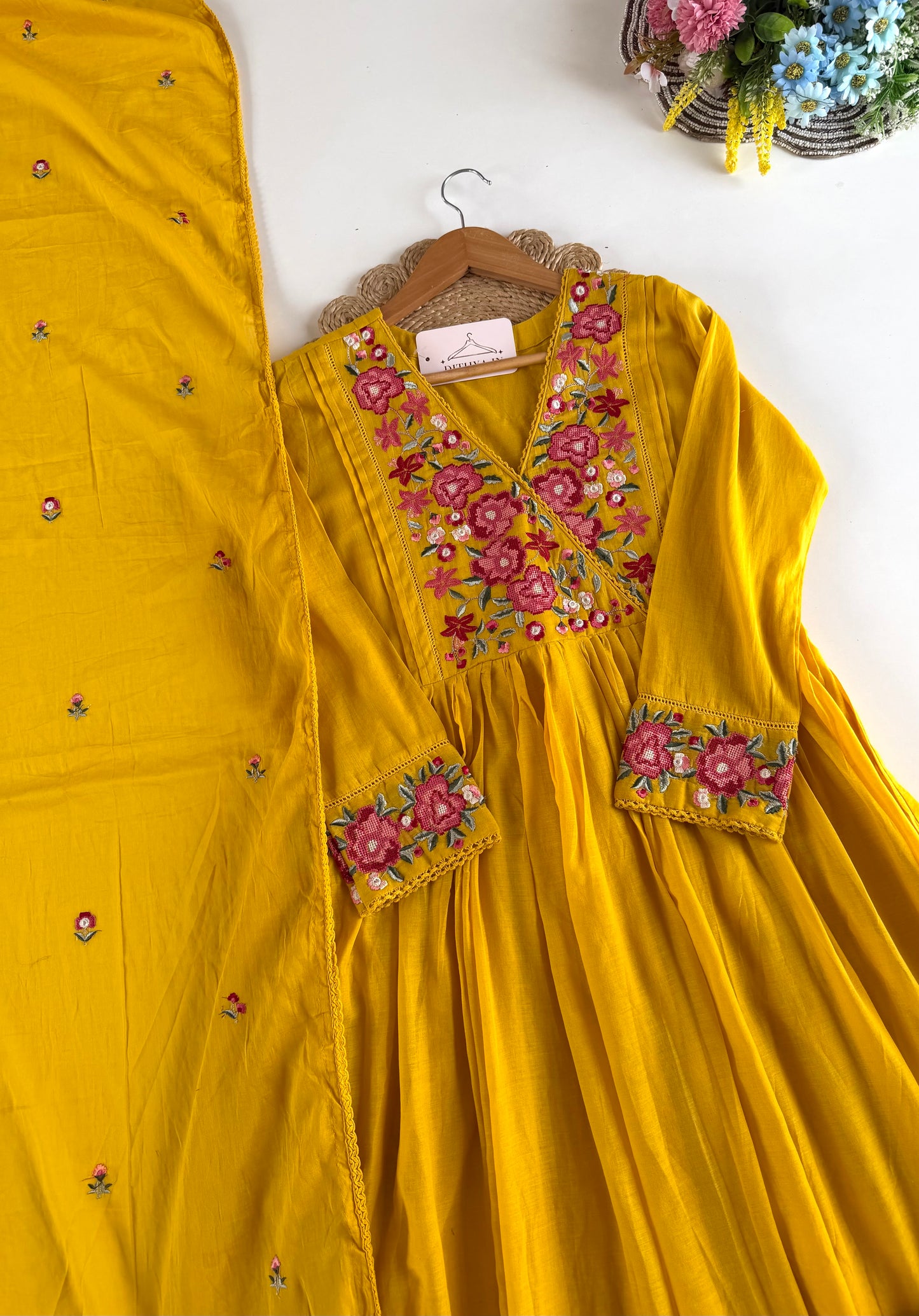 K476 - Mul Mul cotton embroidered Anarkali with pants and dupatta in 2 colours