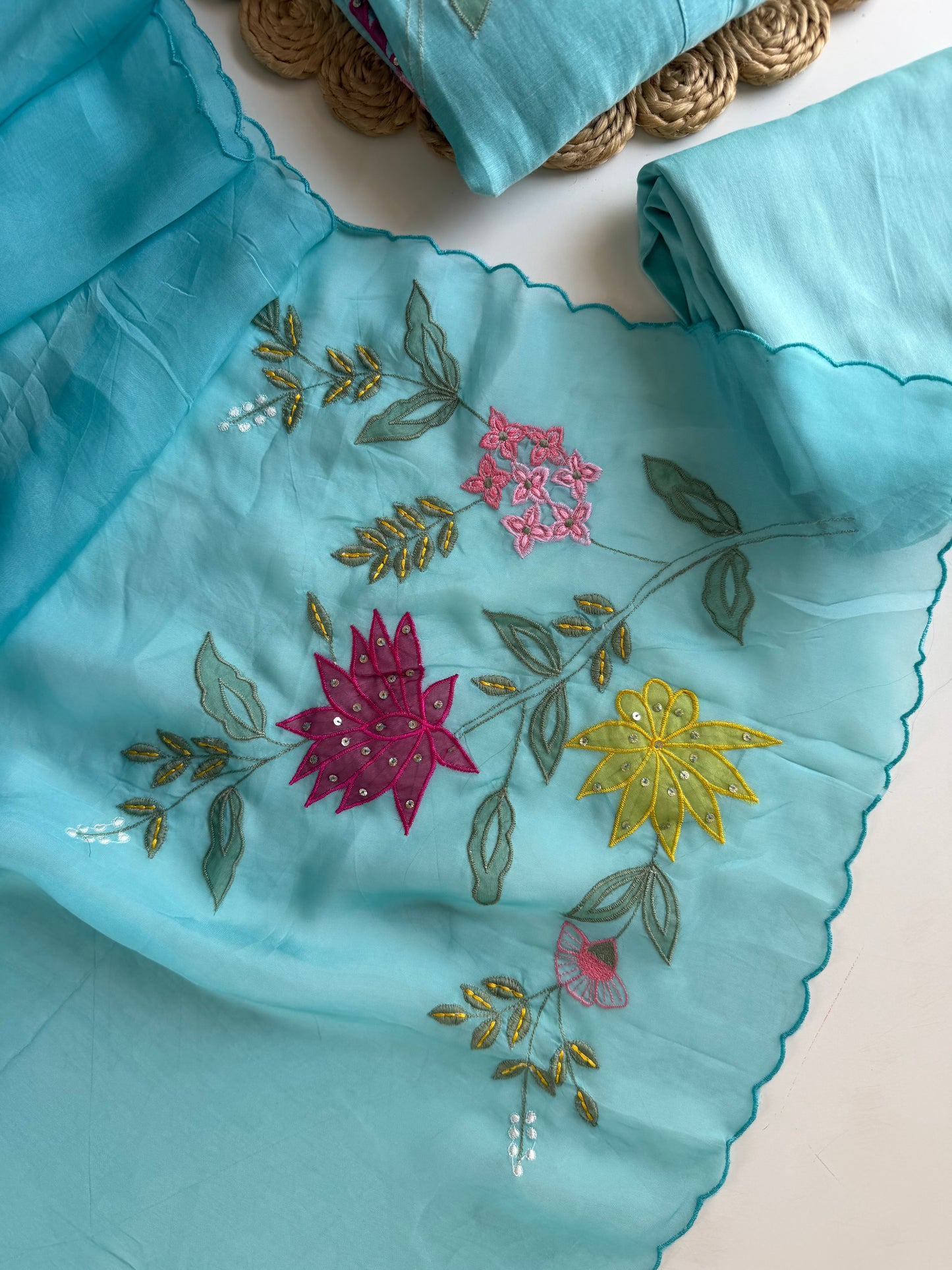 K589 - Mul chanderi appliqué embroidered Aline Kurti with pants and dupatta