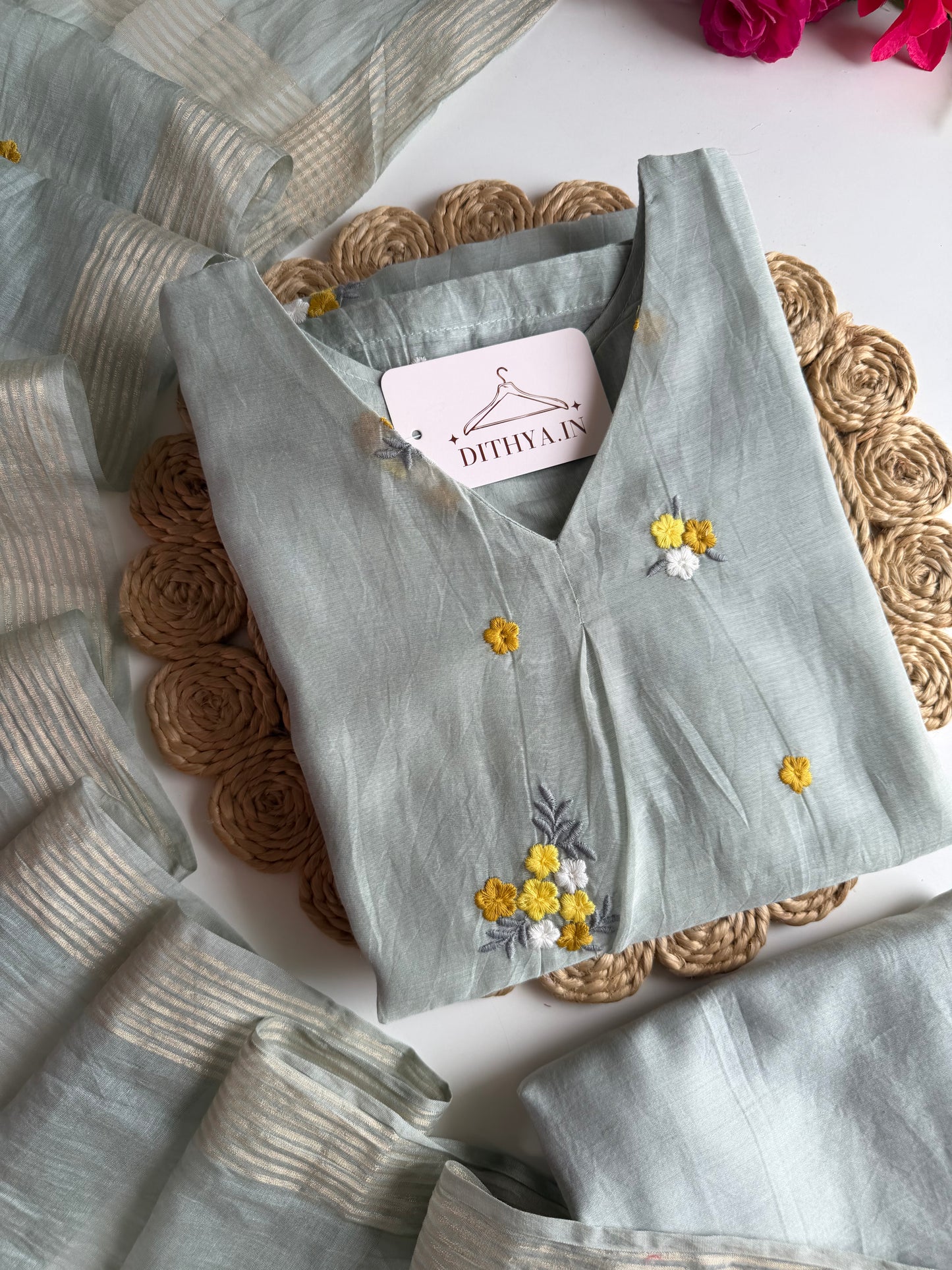 K724 - Mul chanderi embroidered Aline Kurti with pants and dupatta