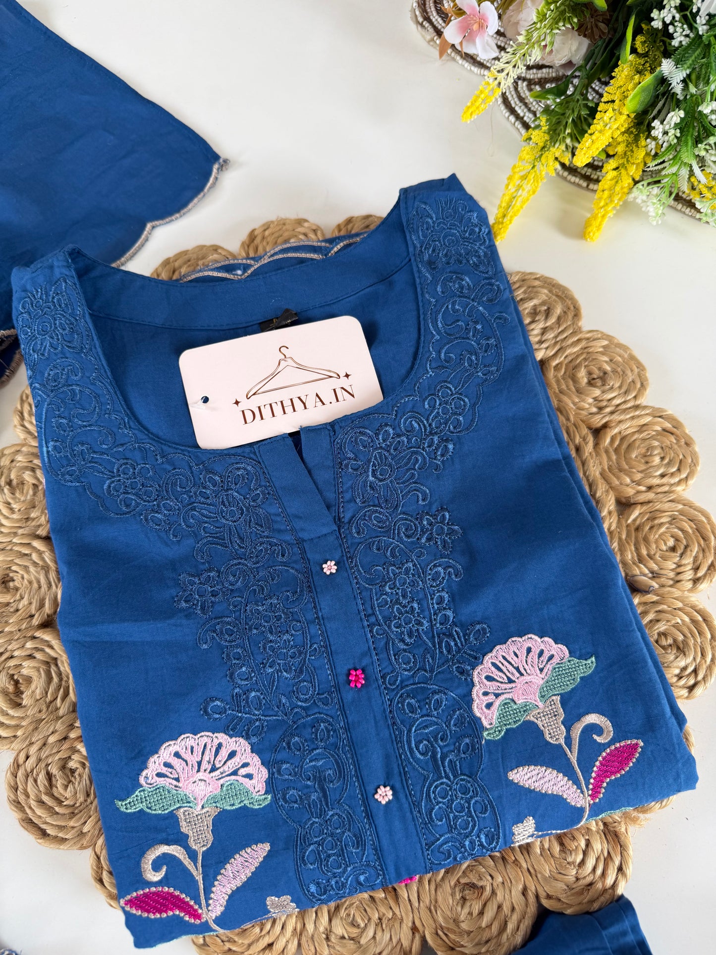 K679 - Mul cotton embroidered straight Kurti with pants and dupatta