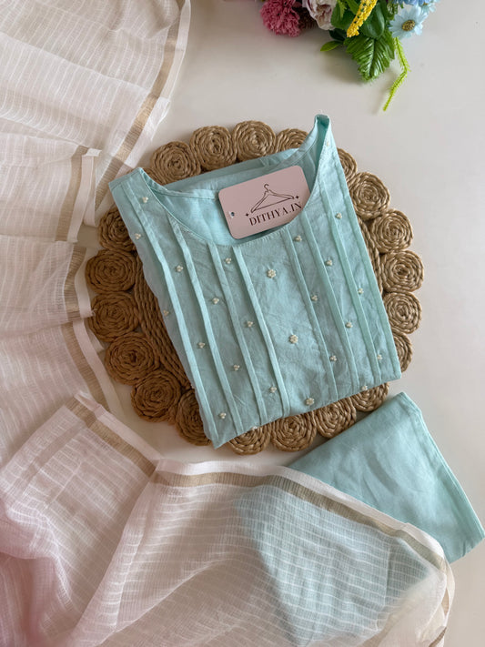 K399 - Mul cotton embroidered Aline Kurti with pants and dupatta