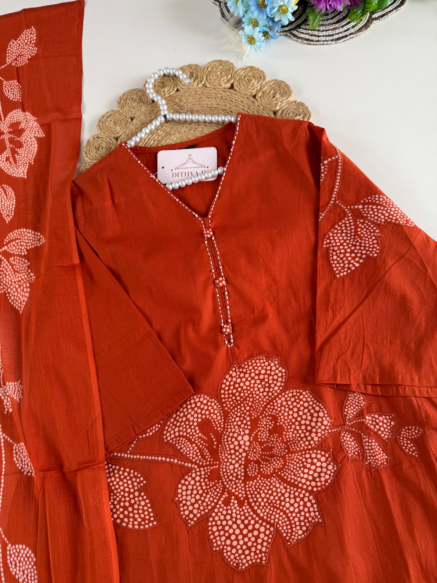 K594 - Cotton printed Aline Kurti with pants and dupatta