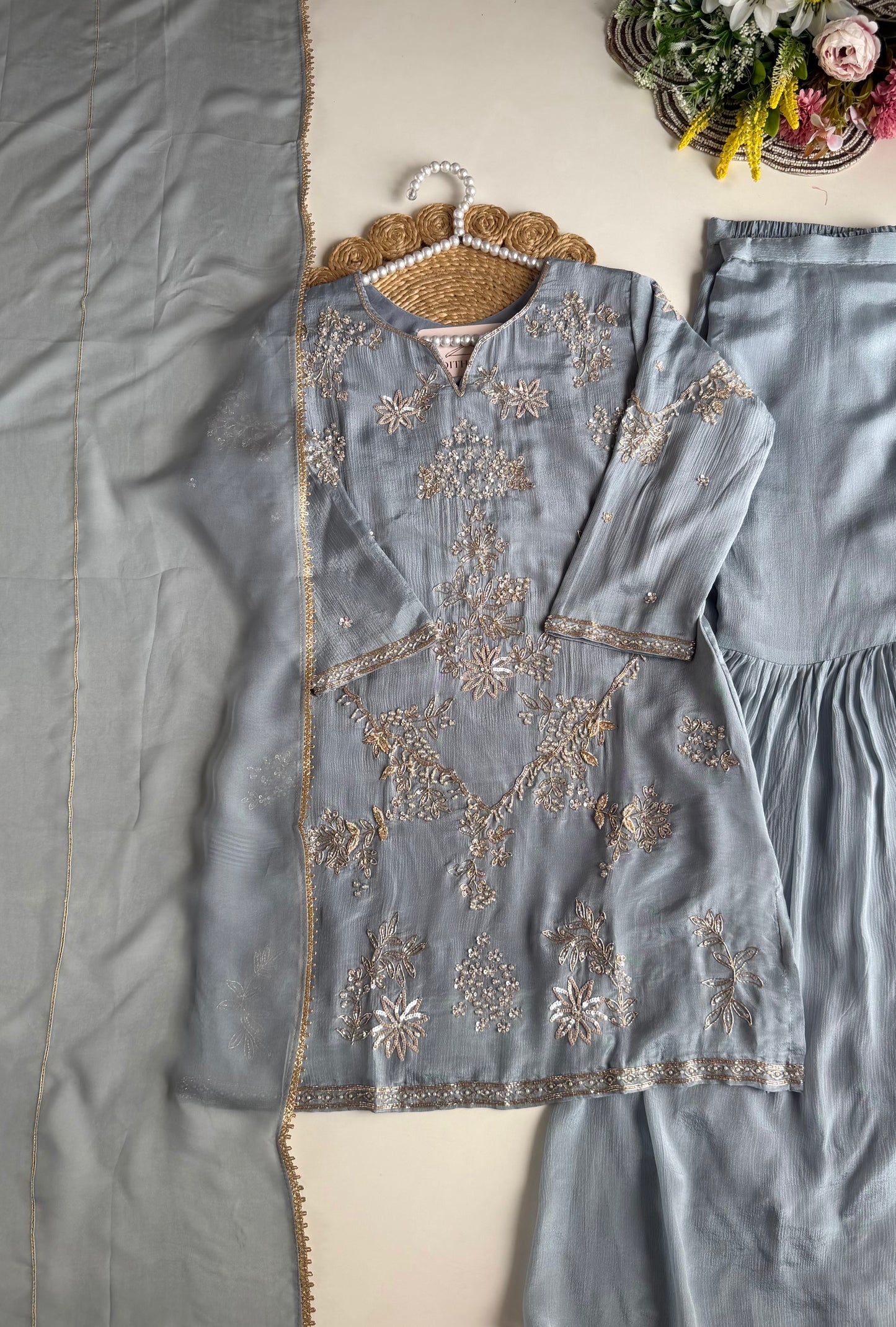 K670 - Pure Chinnon handwork short Kurti with pants and dupatta