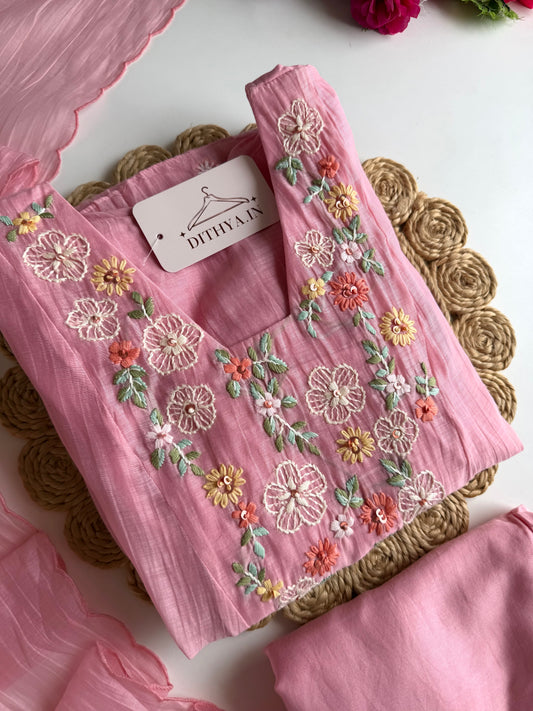 K678 - Mul chanderi embroidered Anarkali with pants and dupatta