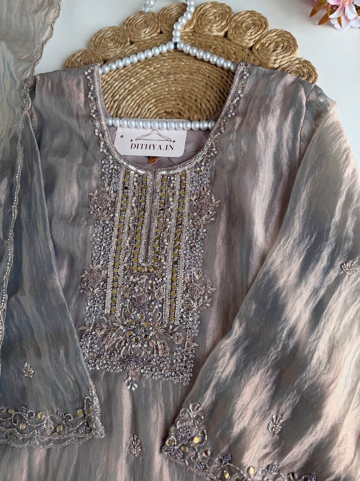 K437 - Glass tissue silk handwork aline Kurti with pants and dupatta