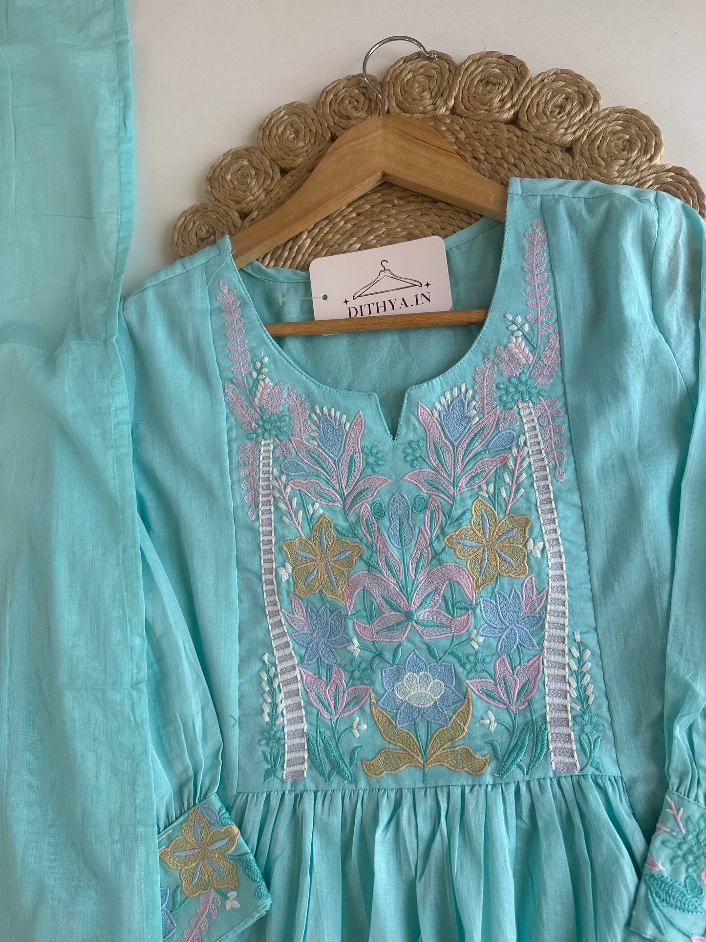 K076 - Mul cotton embroidered Anarkali with pants and dupatta