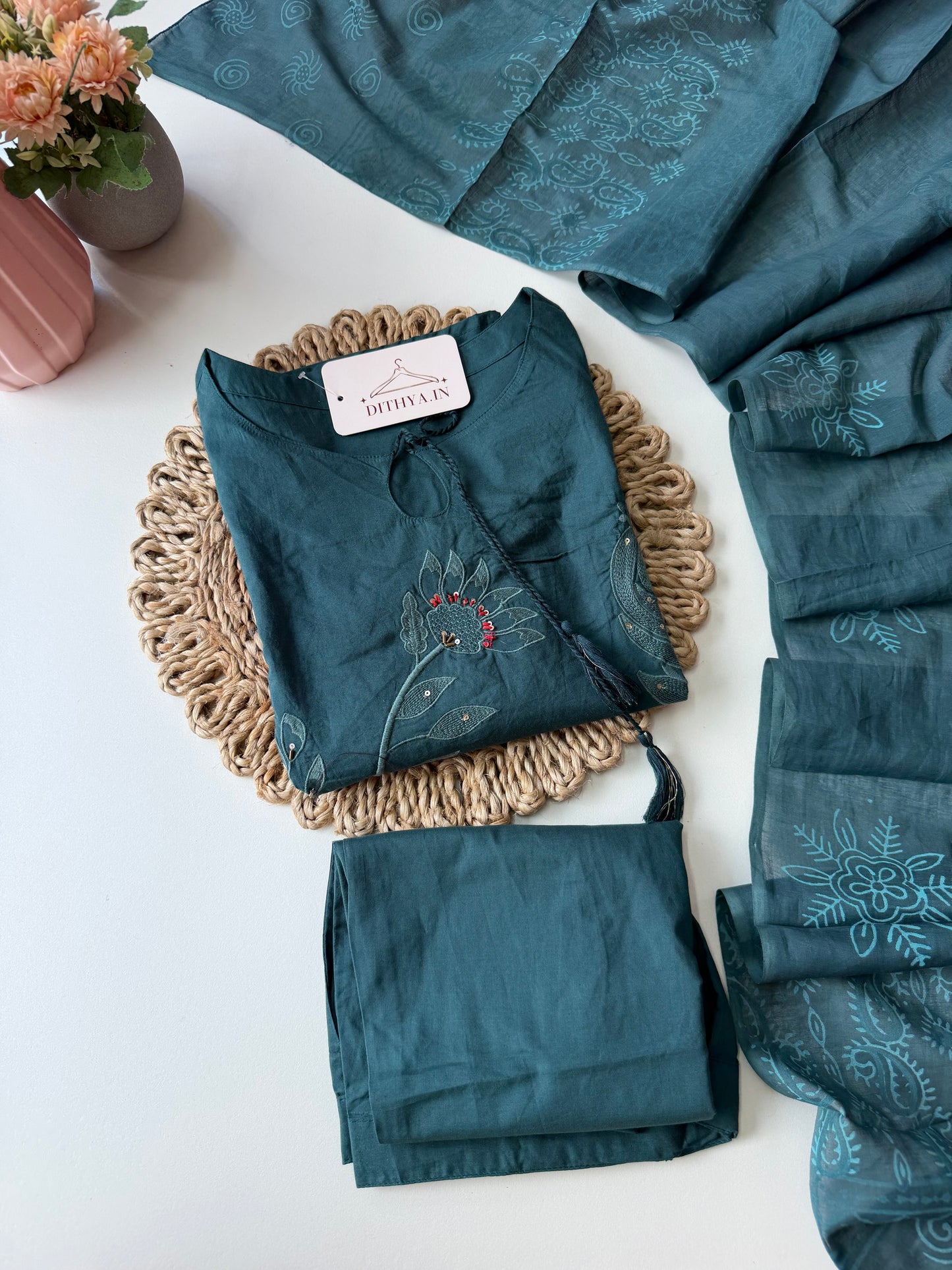 K583 - Cotton embroidery straight Kurti with pants and dupatta in 2 colours