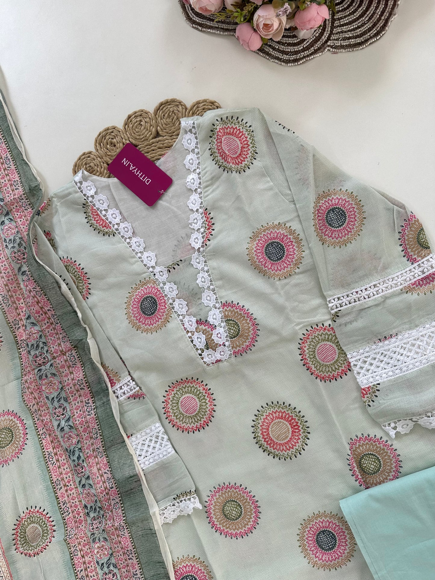 K420 - Cotton embroidered straight Kurti with pants and dupatta in 2 colours