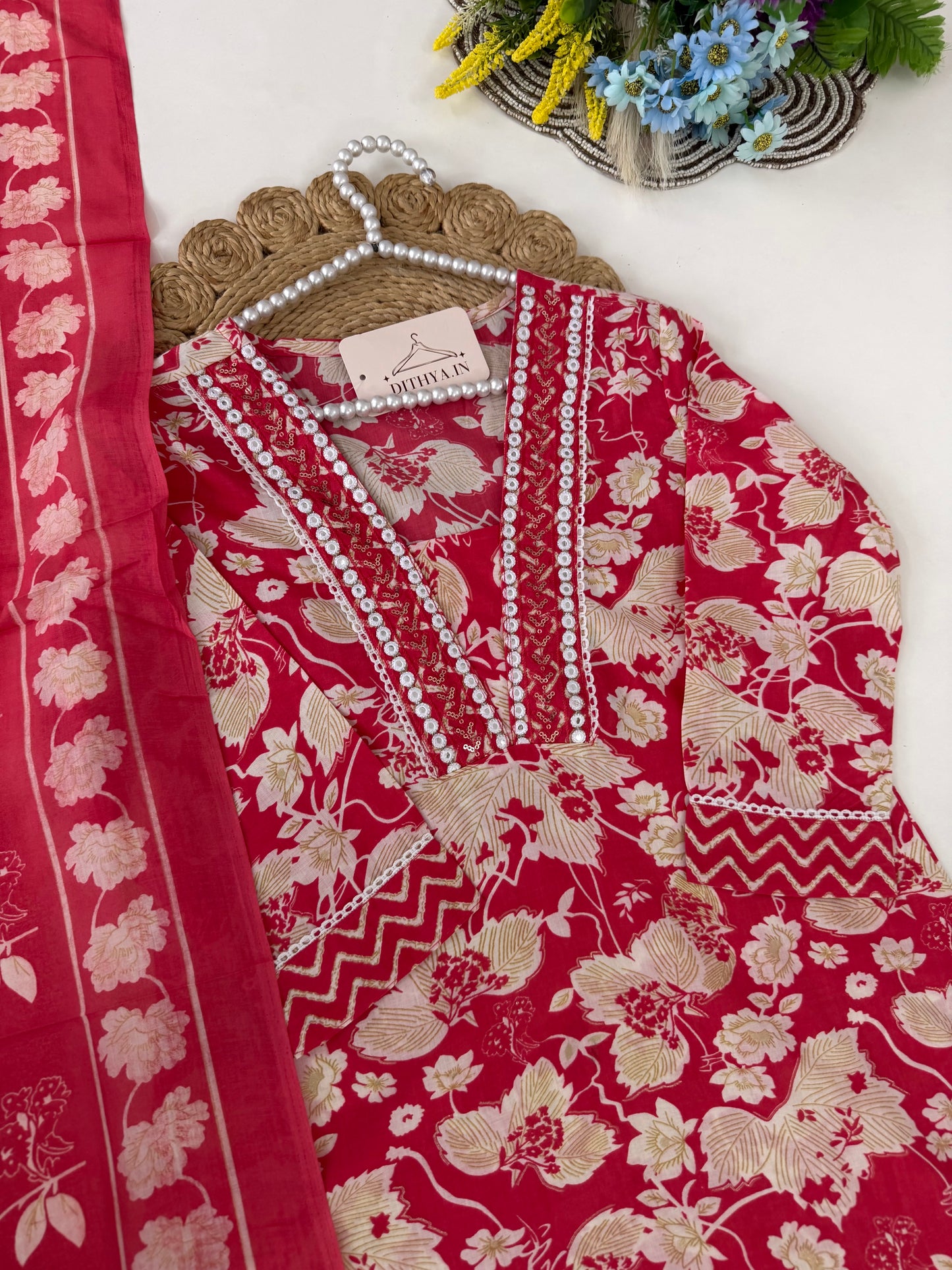 K444 - Cotton embroidered straight Kurti with pants and dupatta