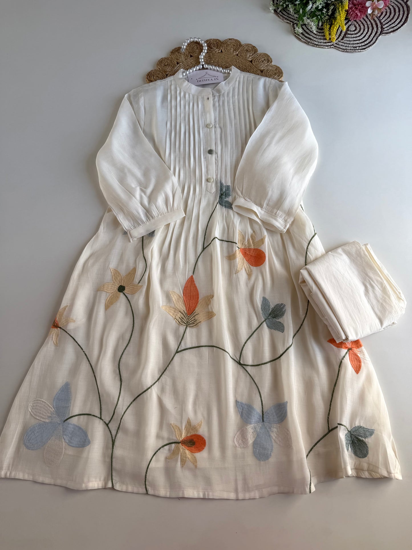 K696 - Mul cotton embroidered Aline Kurti with pants