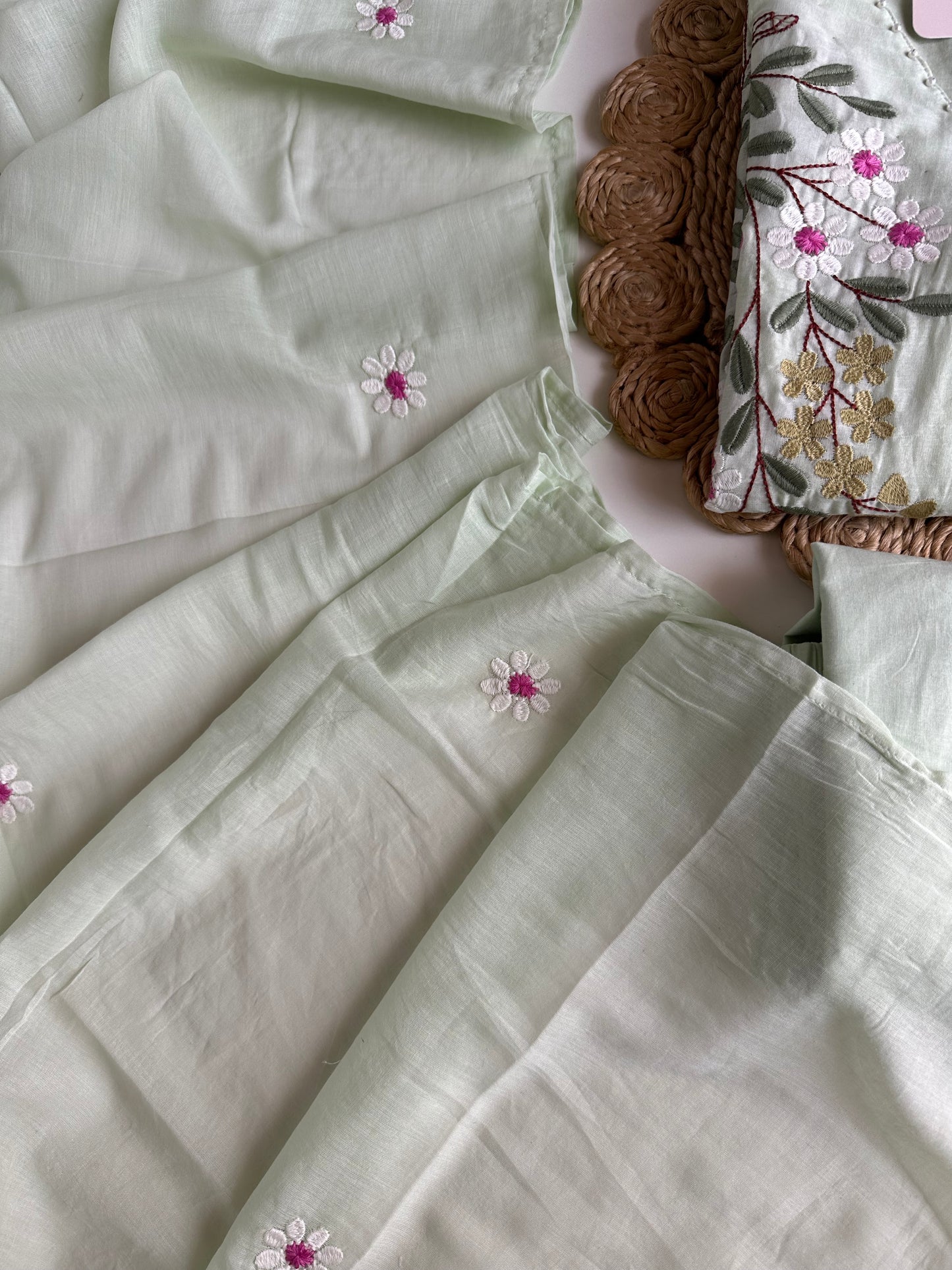 K183 - Mul cotton embroidered straight Kurti with pants and dupatta