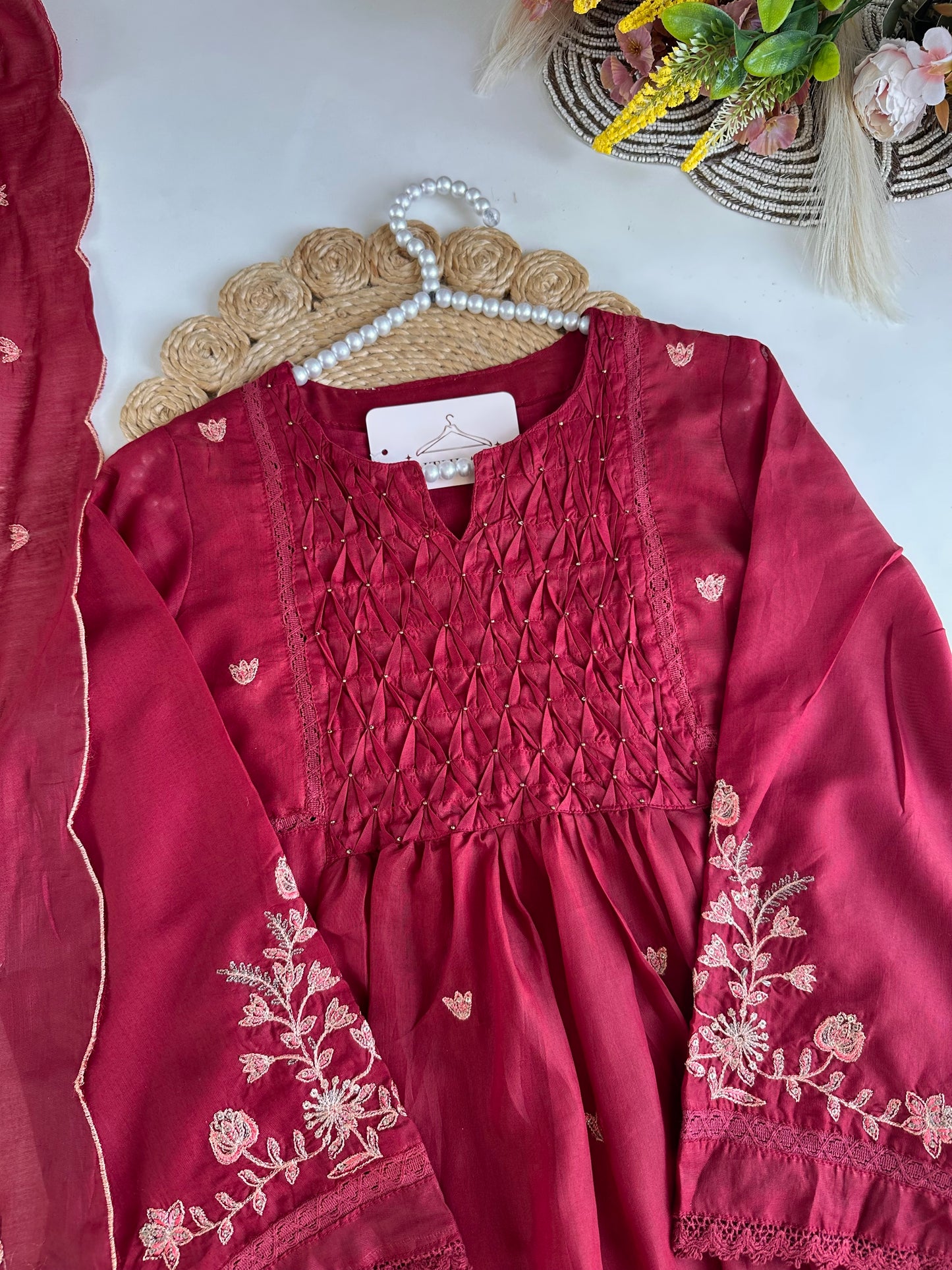 K485 - Mul Chanderi zari work Anarkali with pants and dupatta