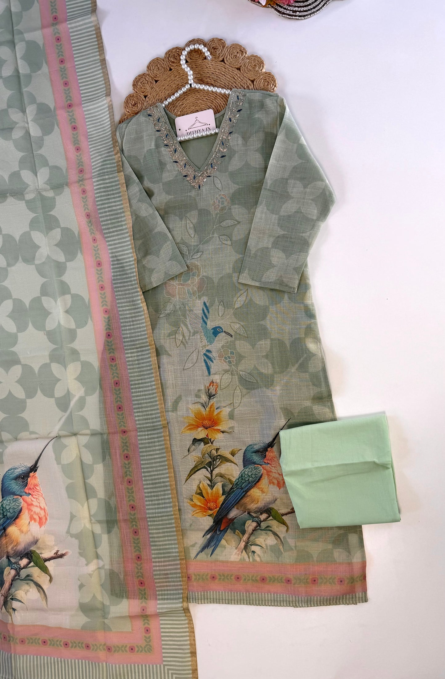 K619 - Linen cotton straight Kurti with pants and dupatta