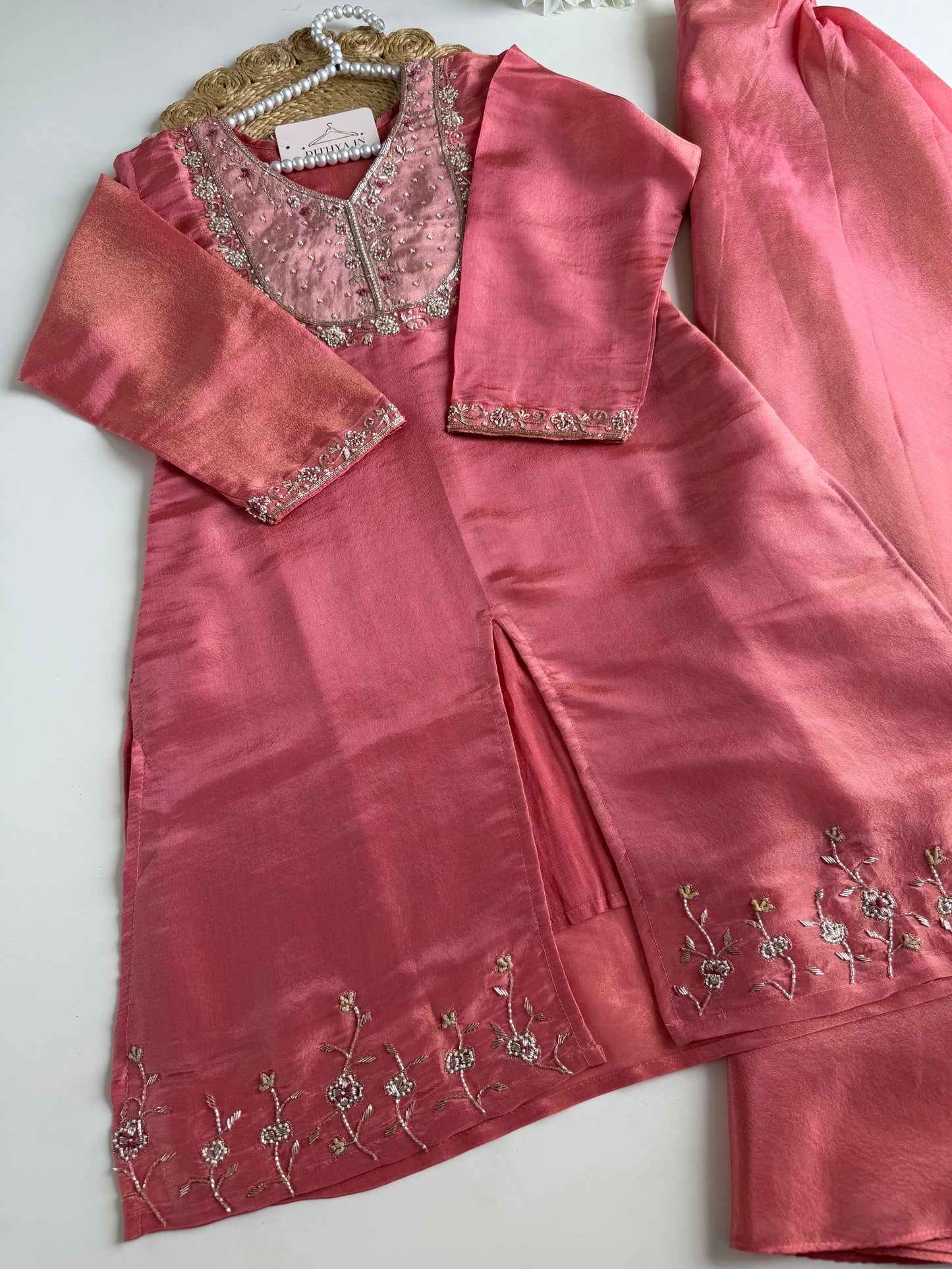 K179 - Tissue silk handwork short Kurti with divider pants