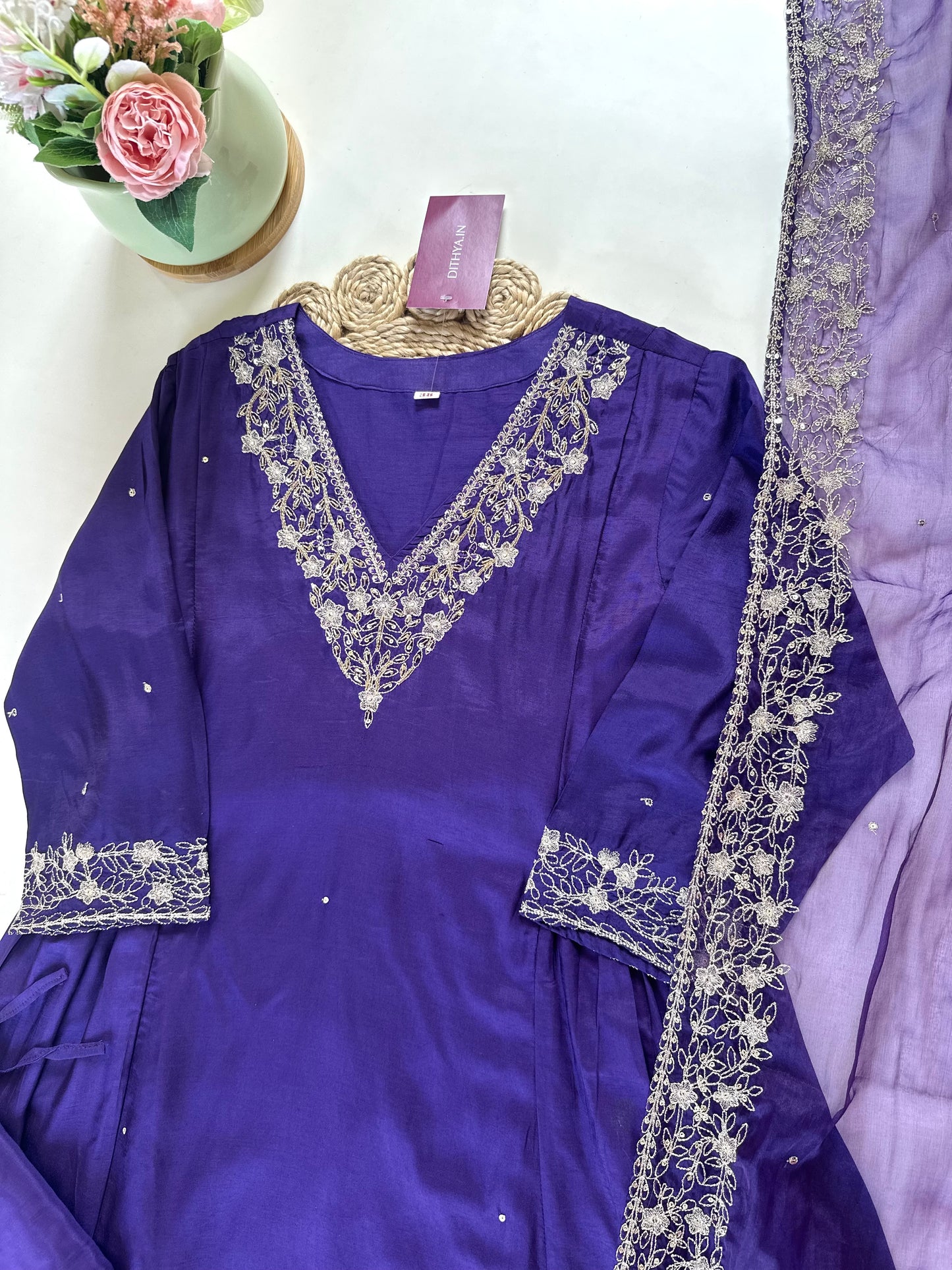 K076 - Russian silk Zari work saline Anarkali with pants and organza dupatta .