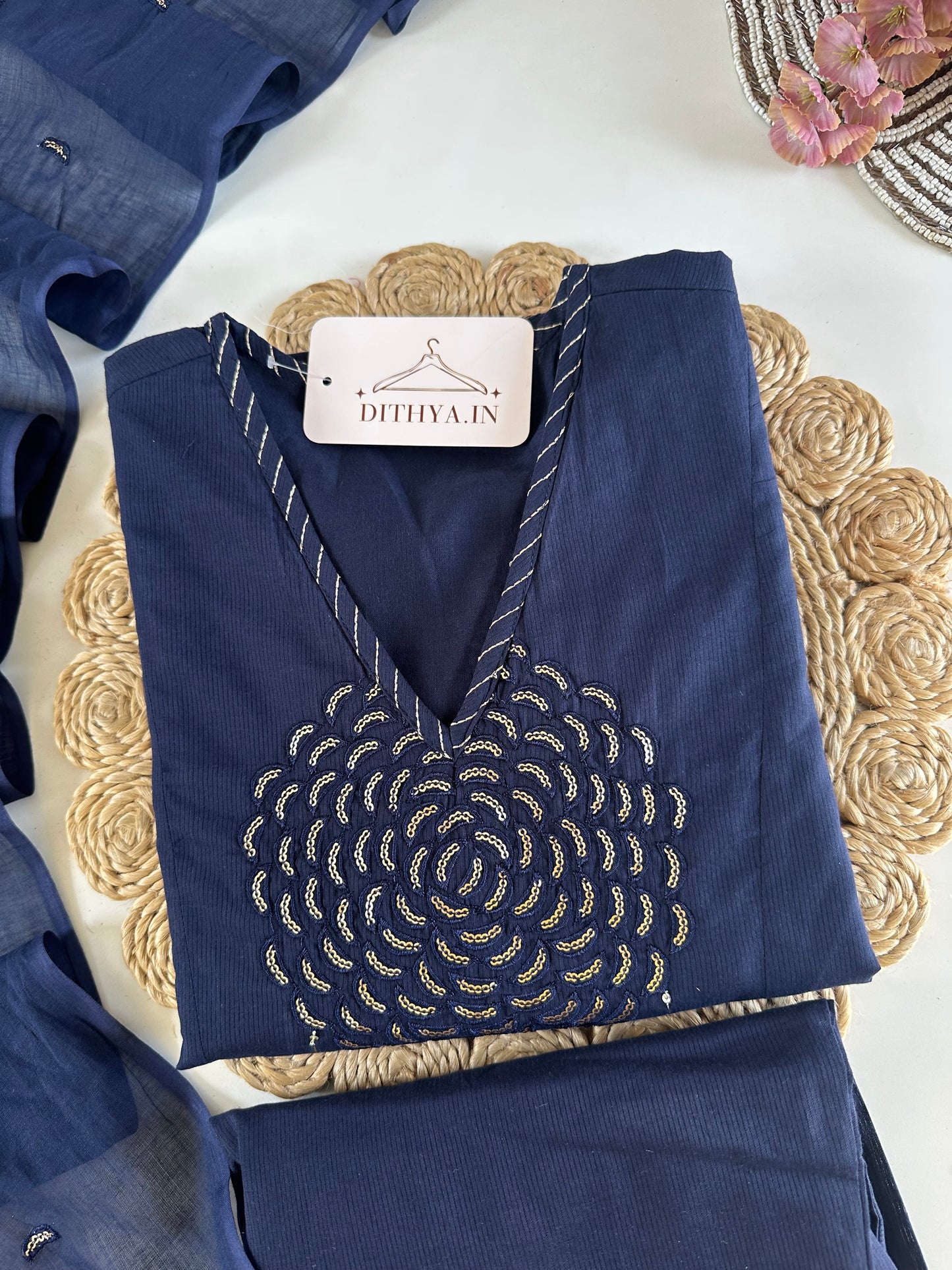 K473 - Mul cotton embroidered straight Kurti with pants and dupatta