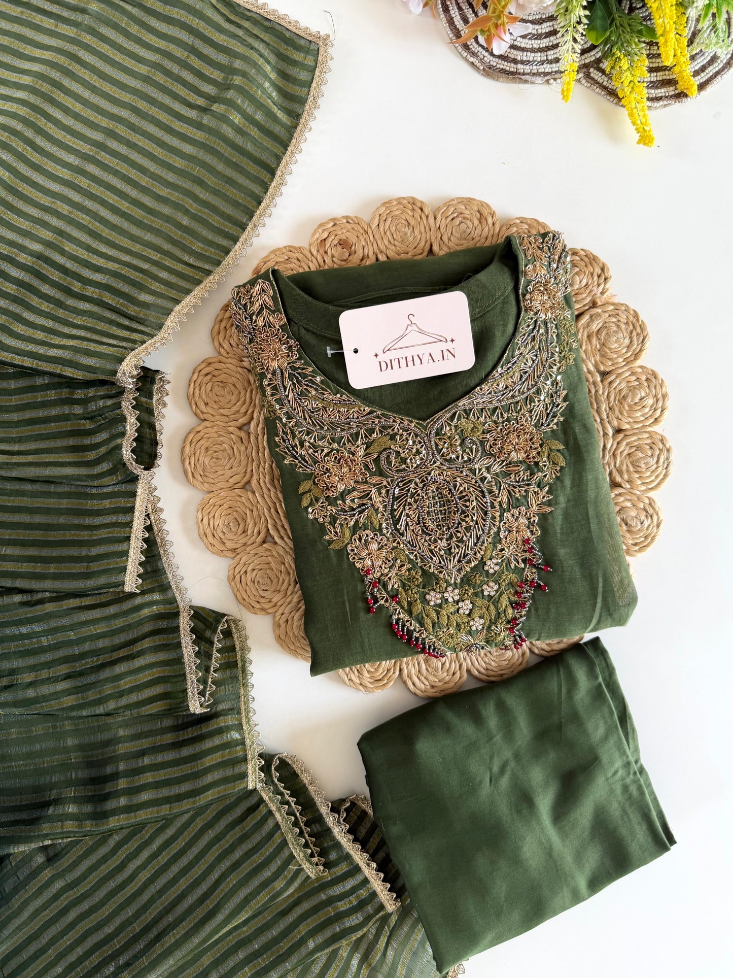 K374 - Mul chanderi handwork aline Kurti with pants and dupatta