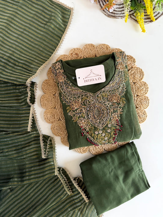 K374 - Mul chanderi handwork aline Kurti with pants and dupatta