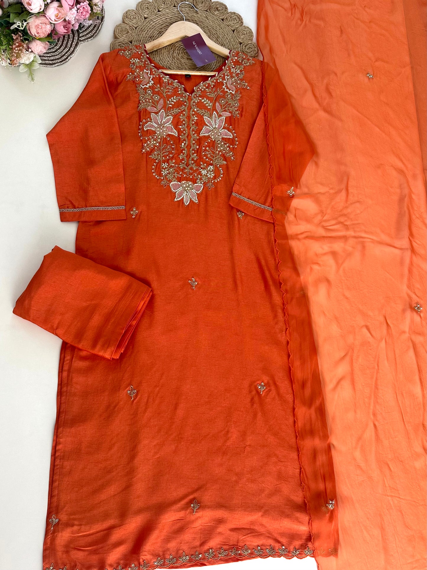 K181 - Russian silk handwork Straight kurti with straight pants and dupatta .