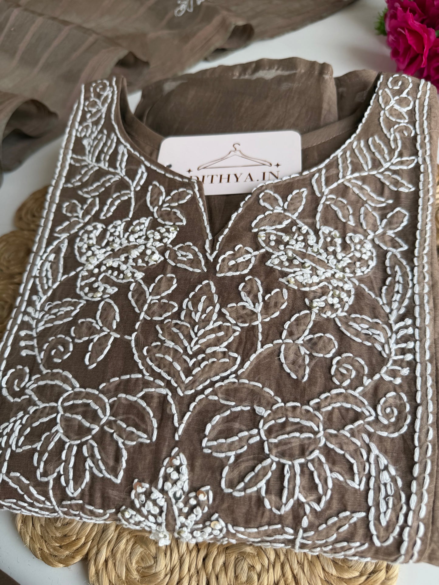 K729 - Mul chanderi embroidered Aline Kurti with pants and dupatta