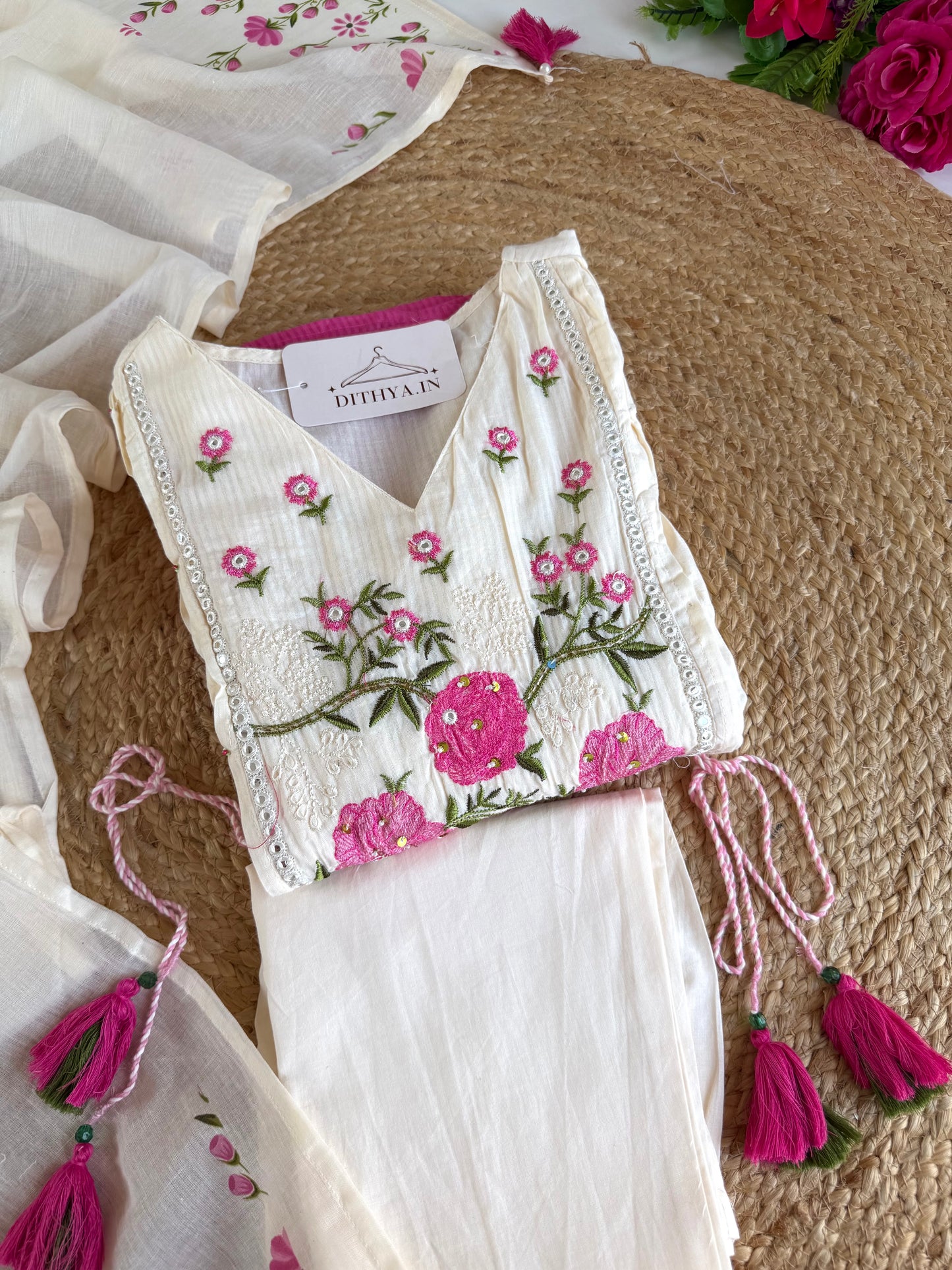 K659 - Mulmul cotton embroidered Anarkali with pants and dupatta