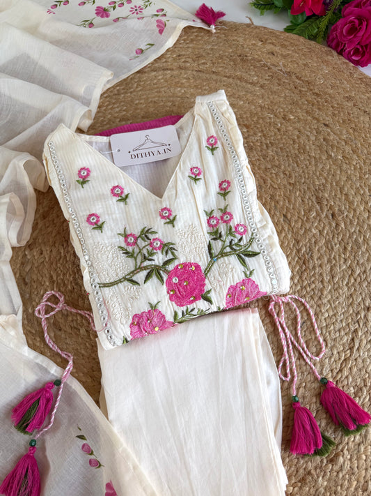 K659 - Mulmul cotton embroidered Anarkali with pants and dupatta