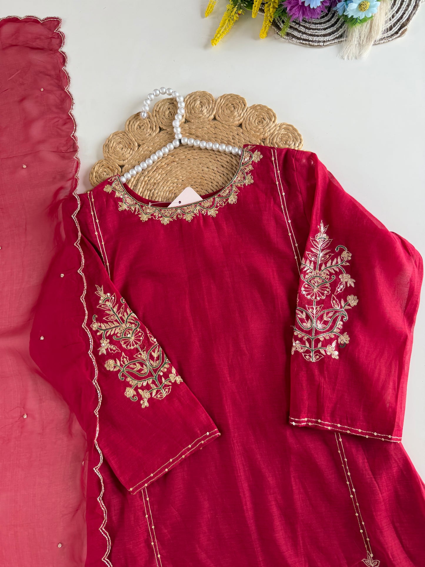 K333 - Mul chanderi handwork aline Kurti with pants and dupatta