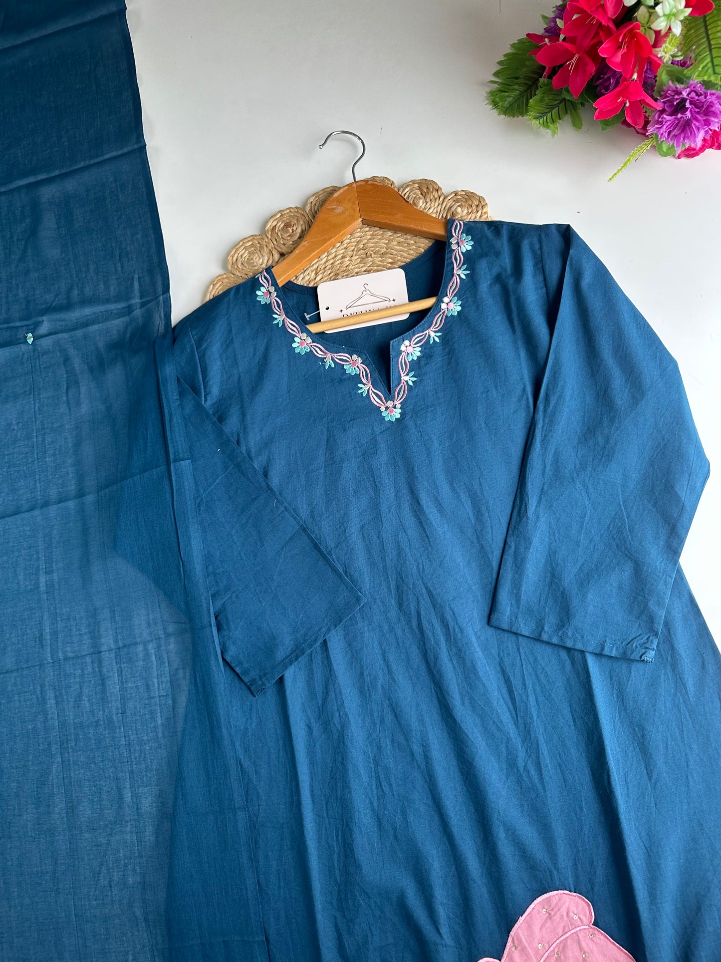 K198 - Mul cotton embroidered straight Kurti with pants and dupatta