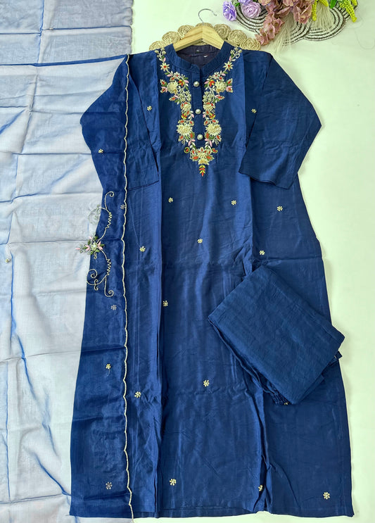 D411-Dola silk straight kurti with pants and dupatta
