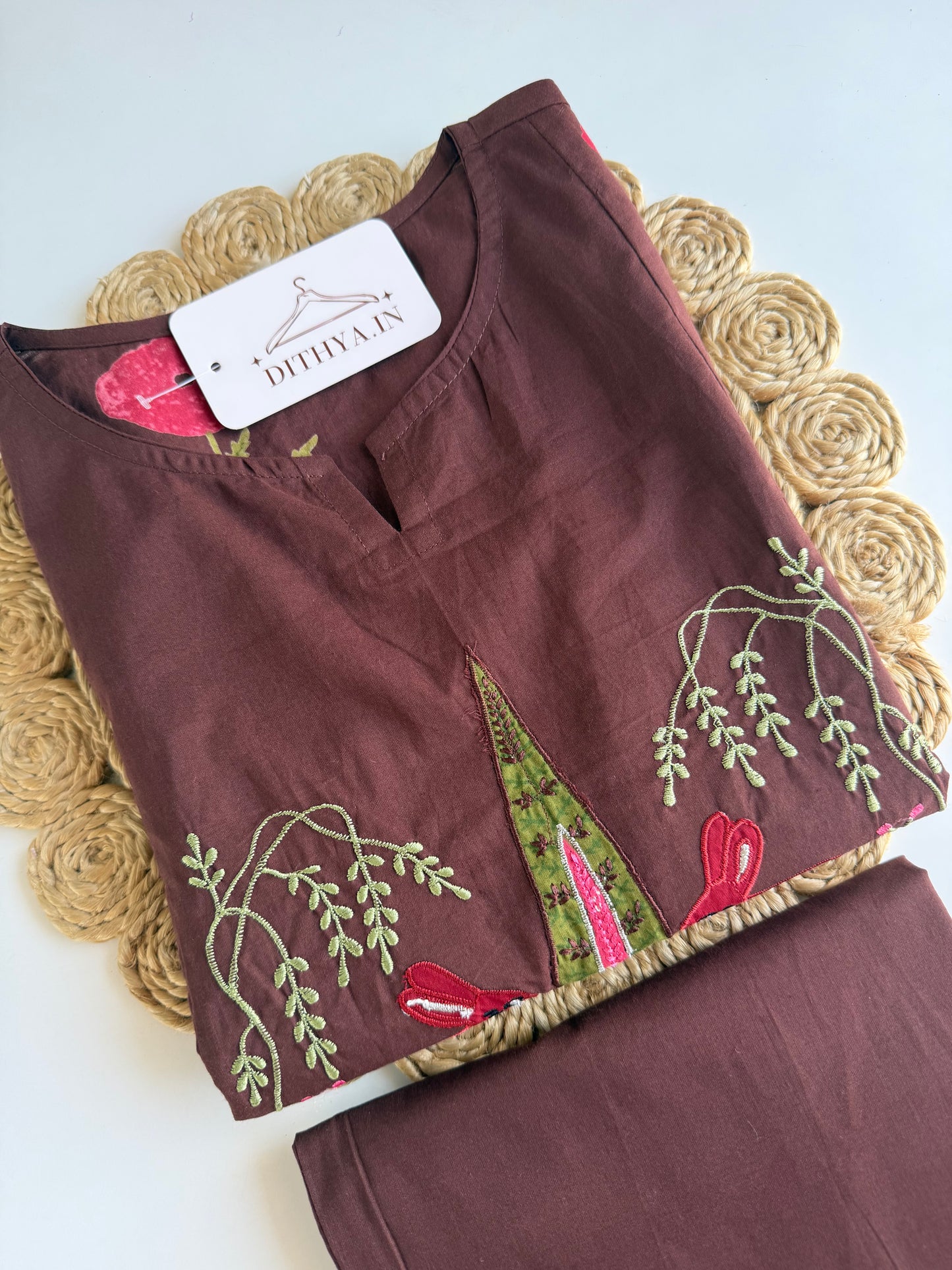 K587 - Mul cotton embroidered Aline Kurti with pants and dupatta