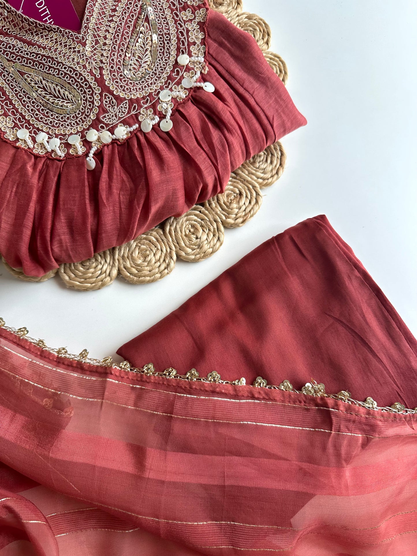 K093 - Mul Chanderi handwork Aline Kurti with pants and dupatta in 2 colours